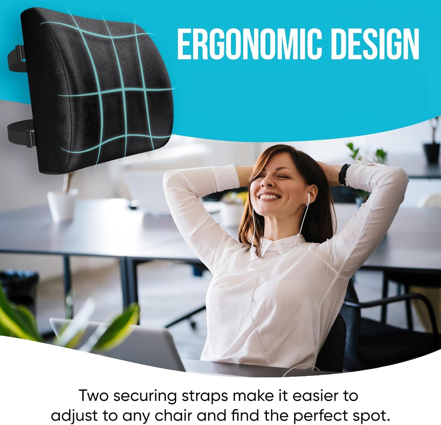 Lumbar Support Cushion, Back Support for Office Chair and Car Seat, Back Rest for Gaming Chair, Memory Foam Pillow, Desk Chair Cushion, Breathable & Washable Cover, Adjustable Straps