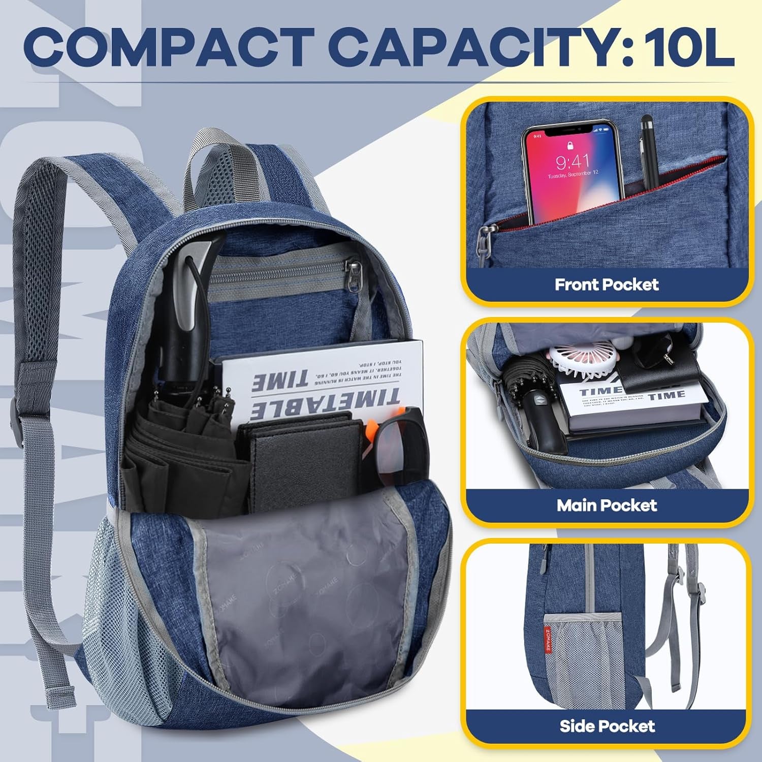 Ultra Lightweight Packable Backpack 10L, Small Daypack Light Foldable Backpacks Water Resistant Day Bag for Hiking(Navy Blue)