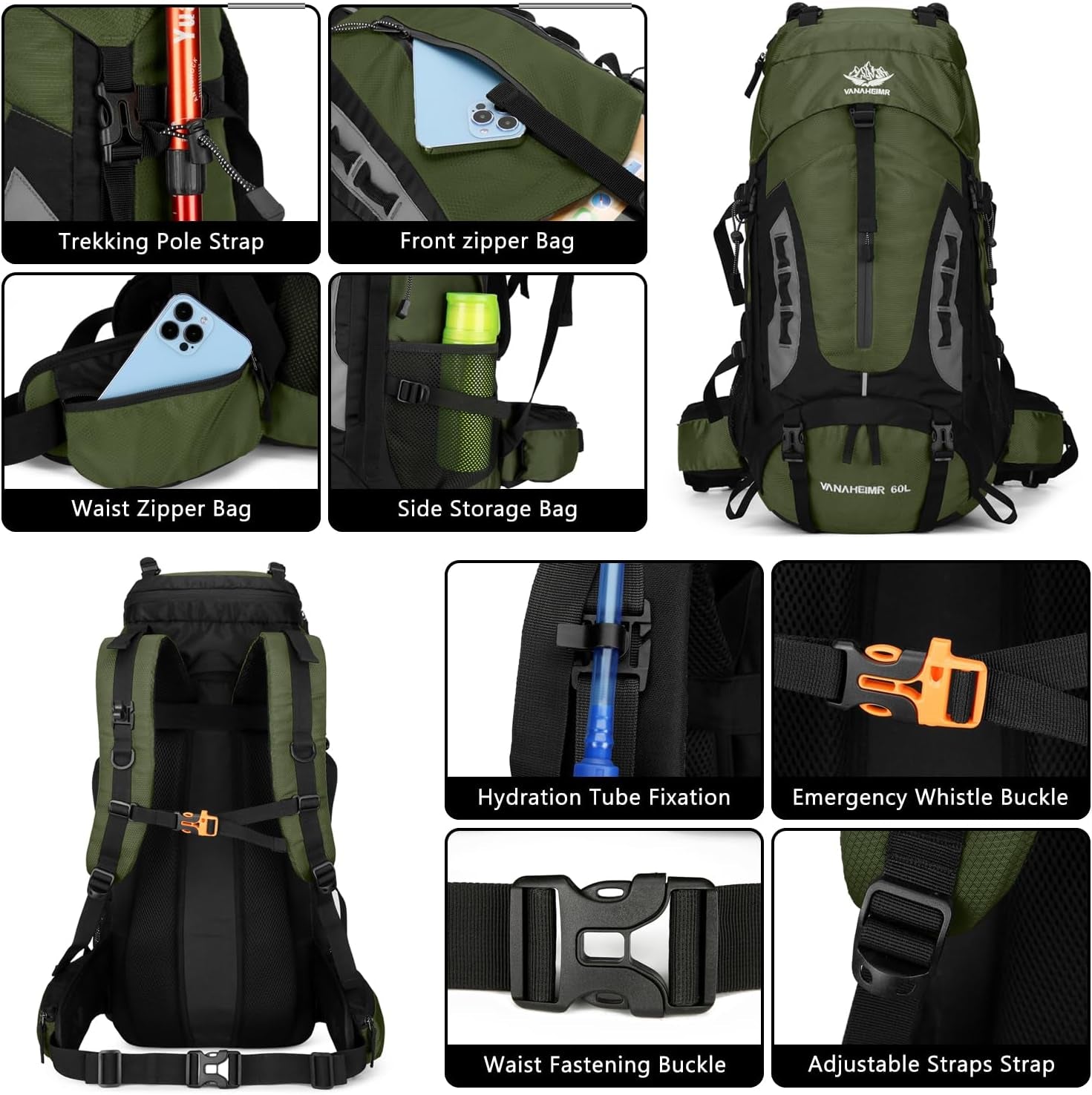 60L Hiking Backpack Men Camping Backpack with Rain Cover Lightweight Backpacking Backpack Travel Backpack (Army Green)