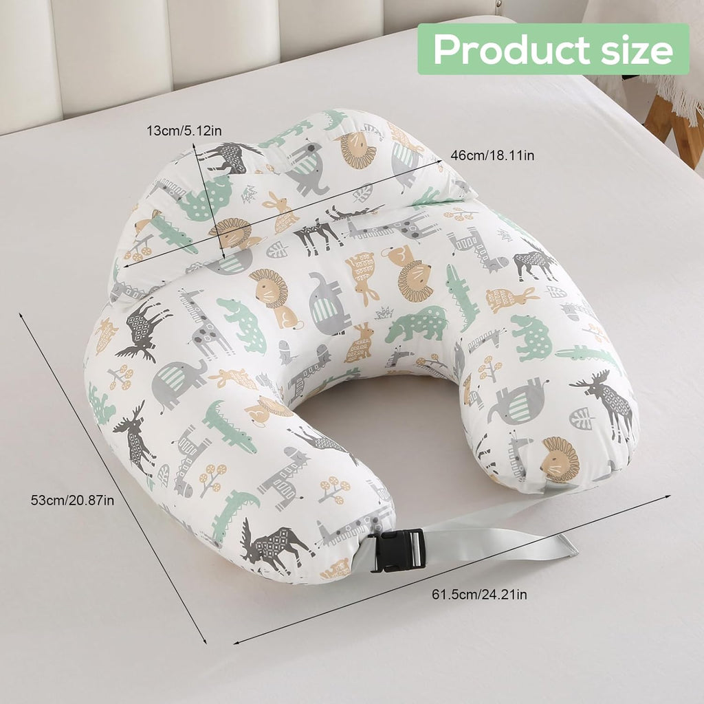 Nursing Pillow for Breastfeeding Baby, Multifunctional Breast Feeding Pillow with Adjustable Waist Strap and Safety Fence, 100% Cotton Removable Pillowcase, Animal Pattern