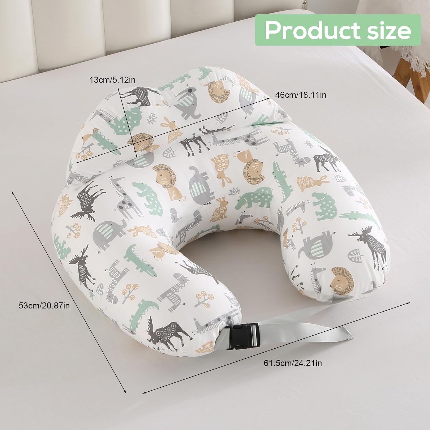 Nursing Pillow for Breastfeeding Baby, Multifunctional Breast Feeding Pillow with Adjustable Waist Strap and Safety Fence, 100% Cotton Removable Pillowcase, Animal Pattern