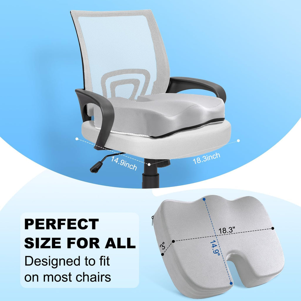 Seat Cushion for Office Chair, Memory Foam for Pain Relief, Non-Slip Coccyx Cushion Washable Removable Cover for Desk Chair/Car Seat/Gaming Chair/Wheelchair,Grey