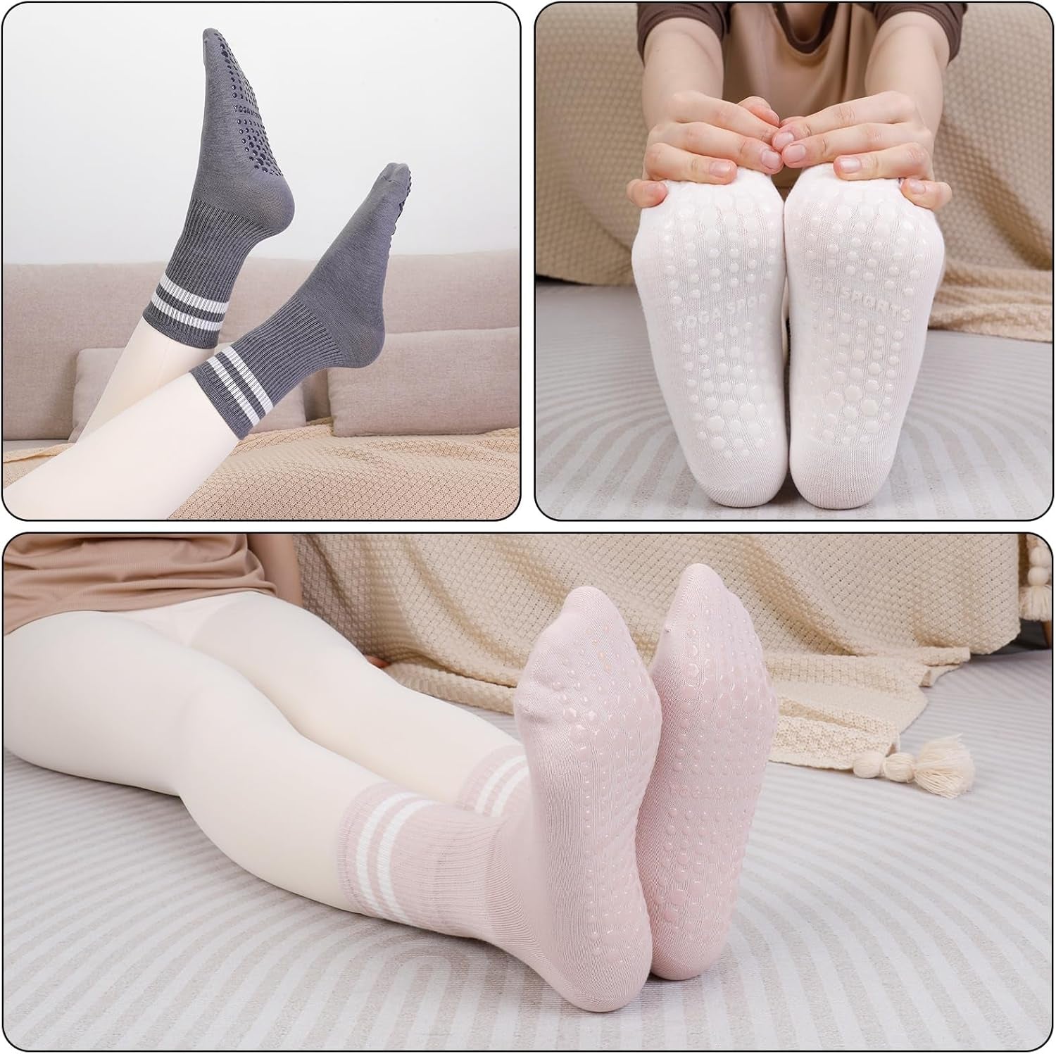 4 Pairs Yoga Grip Socks Women, Non Slip Pilates Socks Grippy Socks Ladies Mid-Calf Grip Socks Breathable Cotton Socks for Ballet, Dance, Workout, Fitness, Running