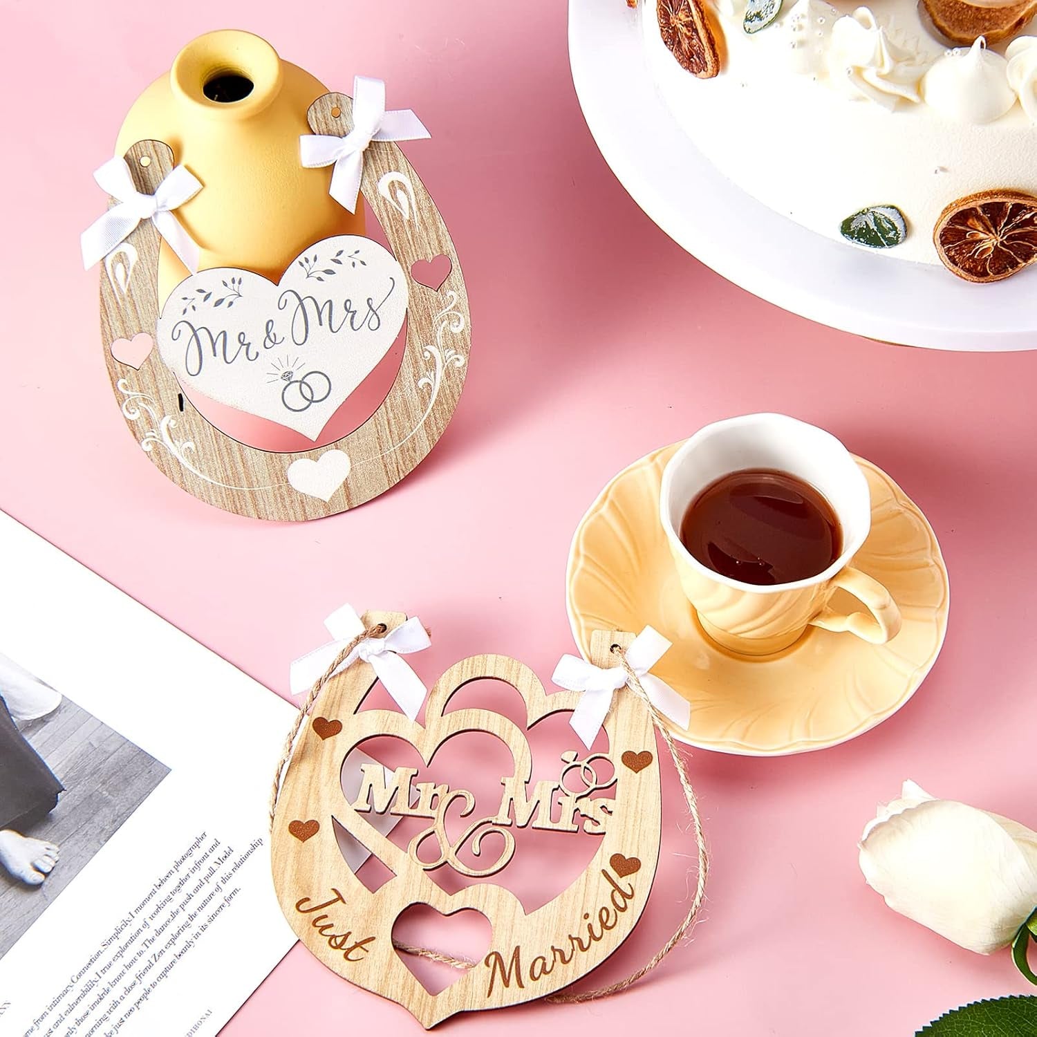 2 Pieces Wedding Horseshoe Craft Acrylic Heart Horseshoe Cutout Art Cutout Decor Wedding Anniversary Favors Hanging Sign for Anniversary Door Wall Decor, 5.3 X 4.7 Inch (Wood)