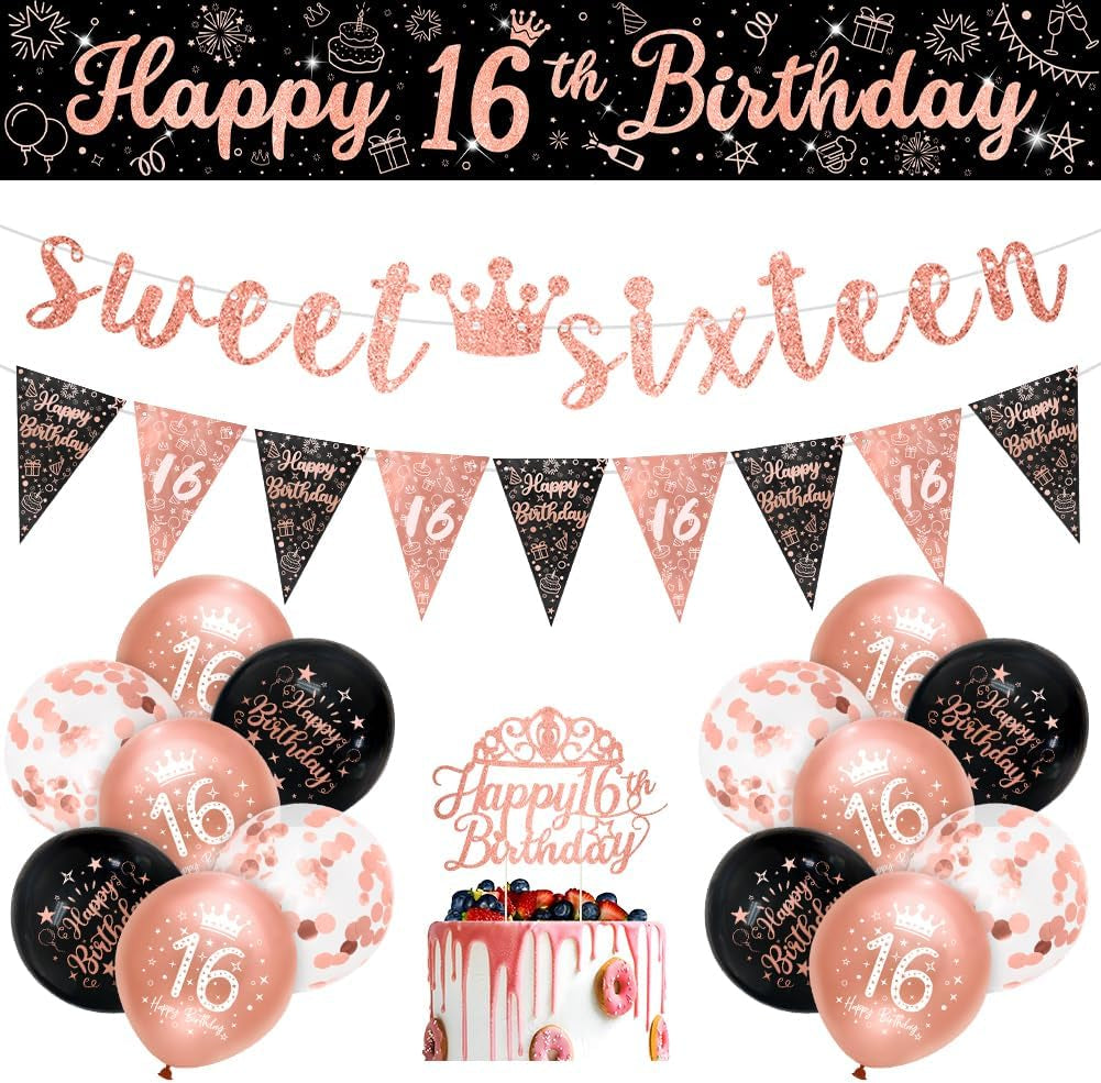 Girls 16Th Birthday Decorations Black Rose Gold Sweet Sixteen Decorations 16 Pack Girls Happy 16Th Birthday Banner Bunting Kit by