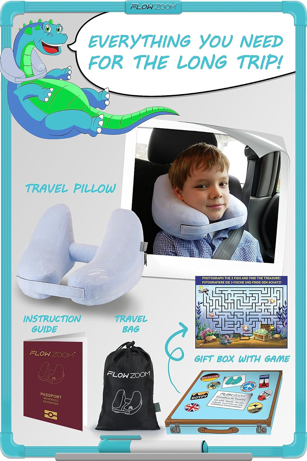 Air Inflatable Kids Travel Pillow for Airplane - H-Shape Car Pillow for Kids with 5 Sleeping Positions, Quick Inflation, Adjustable Pressure, Soft Plush Cover – Ages 3-12, Skyblue