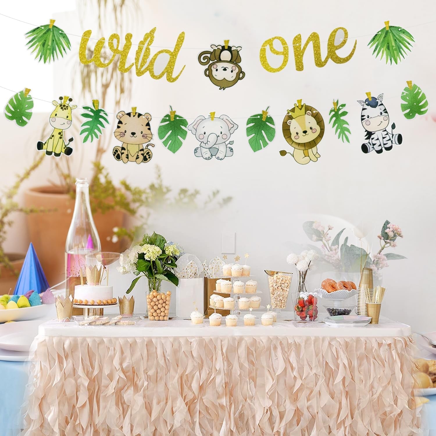 Wild One Jungle Animal Birthday Banner - Safari Theme Party Decoration for First Birthday, Easy to Hang