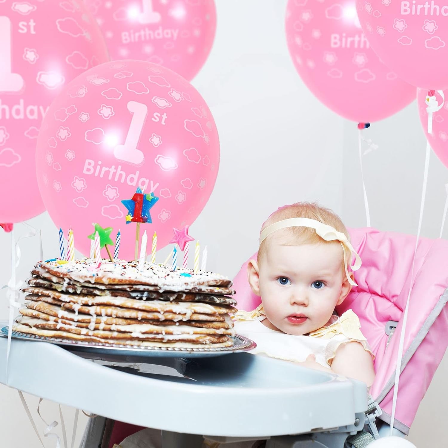 1St Birthday Pink Balloons - Happy 1St Birthday Decorations for Baby Girl'S Party, Pack of 10 with Spare & Ribbon