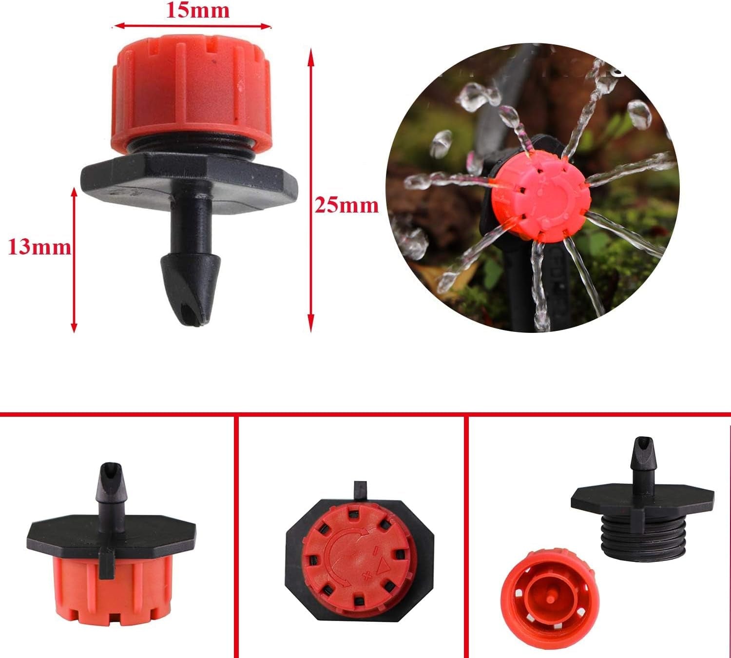 200Pcs 1/4Inch Adjustable Micro Drip Irrigation System Watering Sprinklers Anti-Clogging Emitter Dripper Red Garden Supplies