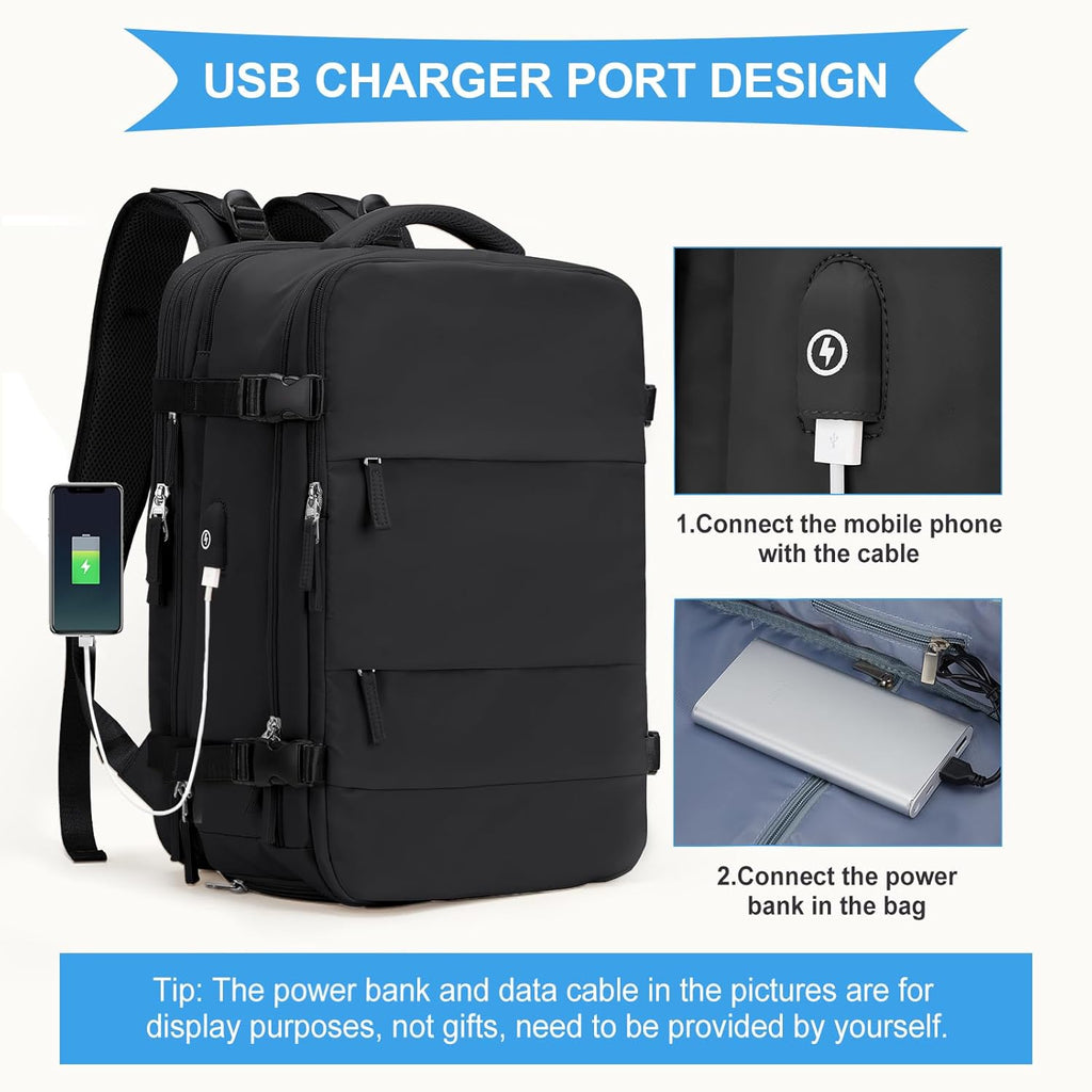 Large Travel Backpack for Women Men, Carry on Backpack,Hiking Backpack Waterproof Outdoor Sports Rucksack Casual Daypack Expandable Heavy Duty Extra Large Backpack Black Expansion