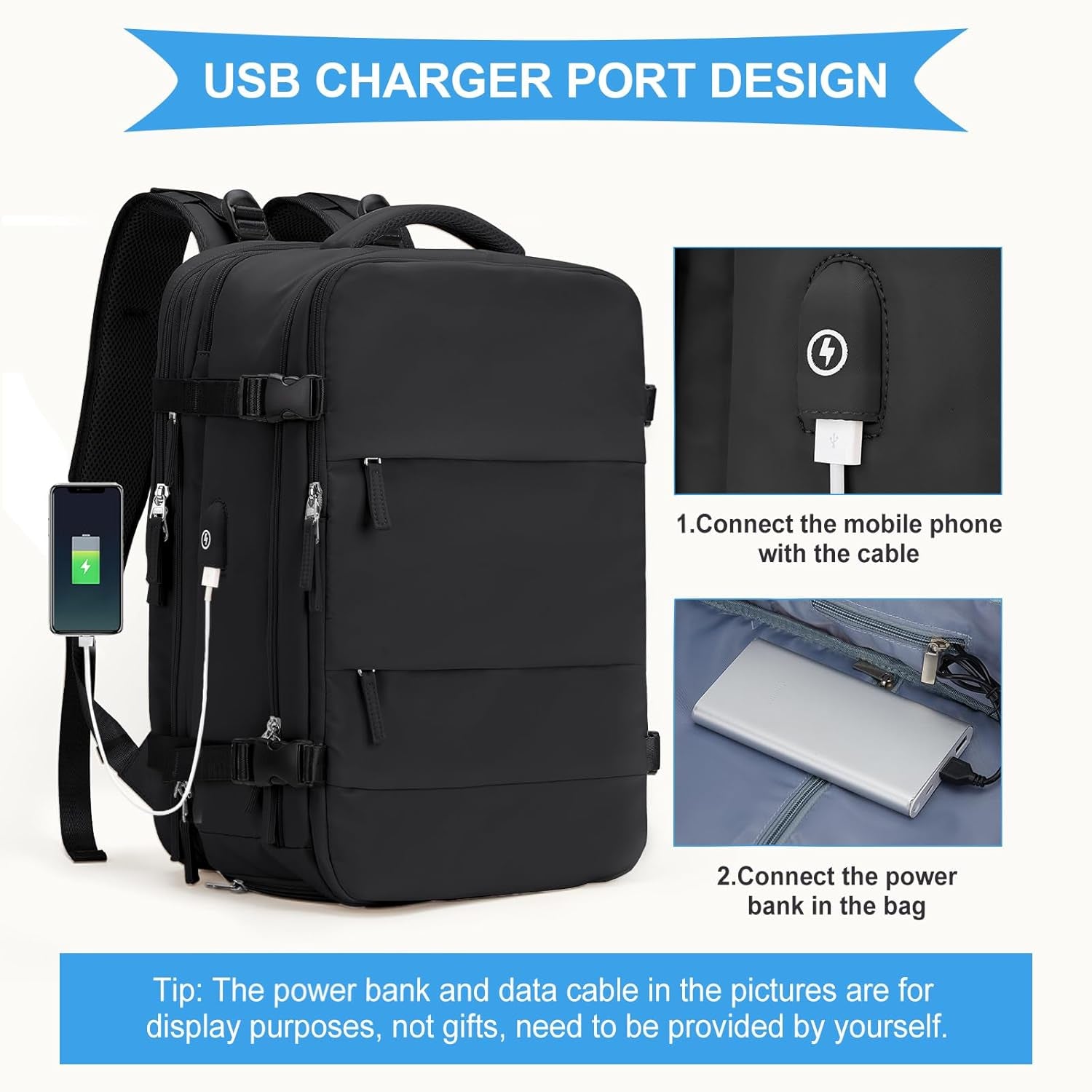 Large Travel Backpack for Women Men, Carry on Backpack,Hiking Backpack Waterproof Outdoor Sports Rucksack Casual Daypack Expandable Heavy Duty Extra Large Backpack Black Expansion