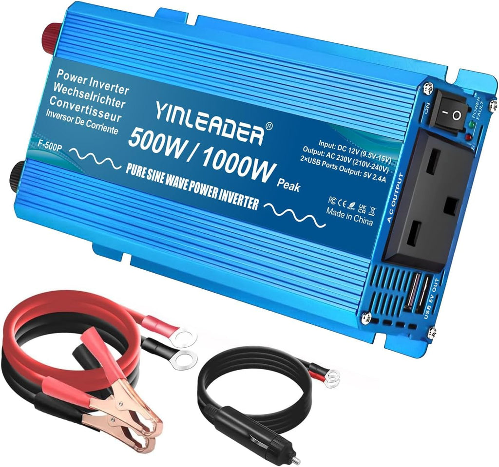 Pure Sine Wave Power Inverter 500W DC 12V to 240V AC Car Power Converter /1000W (Peak) with 2 USB Ports 1 AC Socket for Charge Phone, Pad, Laptop, LED