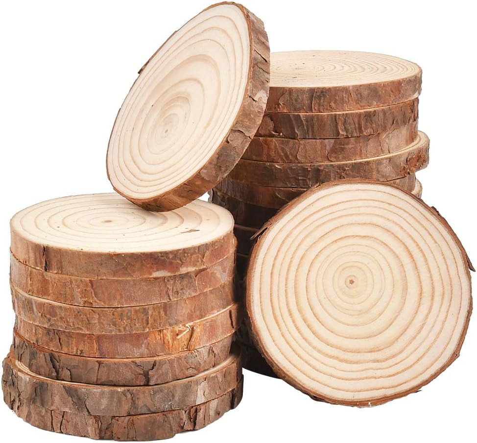 Wood Slices 20 Pcs 8-10Cm Natural Wooden Circles Slices NO Hole Unfinished Predrilled Log Discs Wooden Rounds Discs Slices for Art Creation DIY Crafts Wedding Decorations Christmas Ornaments