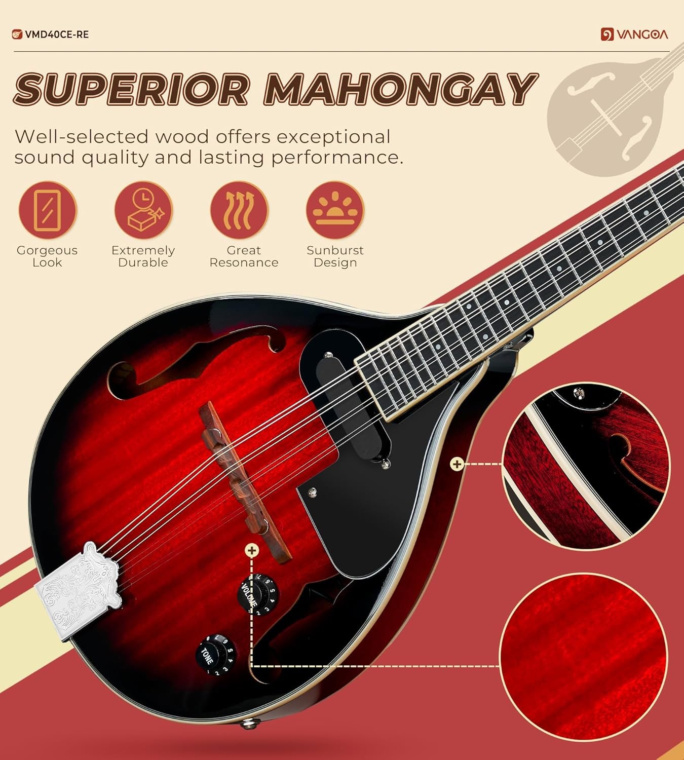a Style Mandolin Acoustic Electric Mandolins Instrument for Beginner Red Sunburst Mahogany with Gig Bag Picks Strings Tuner Strap