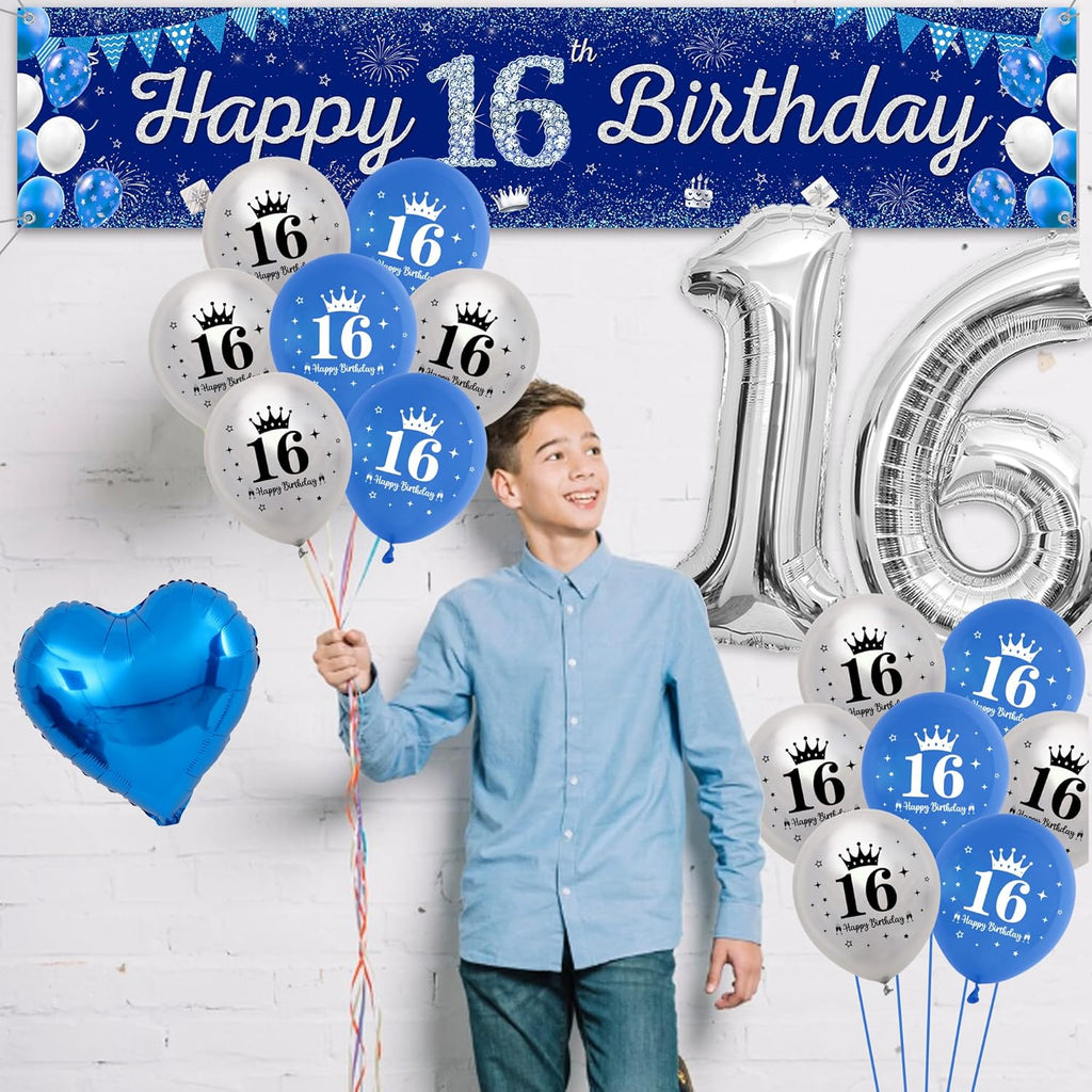 Boys 16Th Birthday Decorations Blue - 31 Pieces Blue Silver Party Decoration, Happy Birthday Banner, Number 16 Foil Balloons, Backdrop, Latex Balloon, Cake Topper for Kids Girl Anniversary Decor Gifts