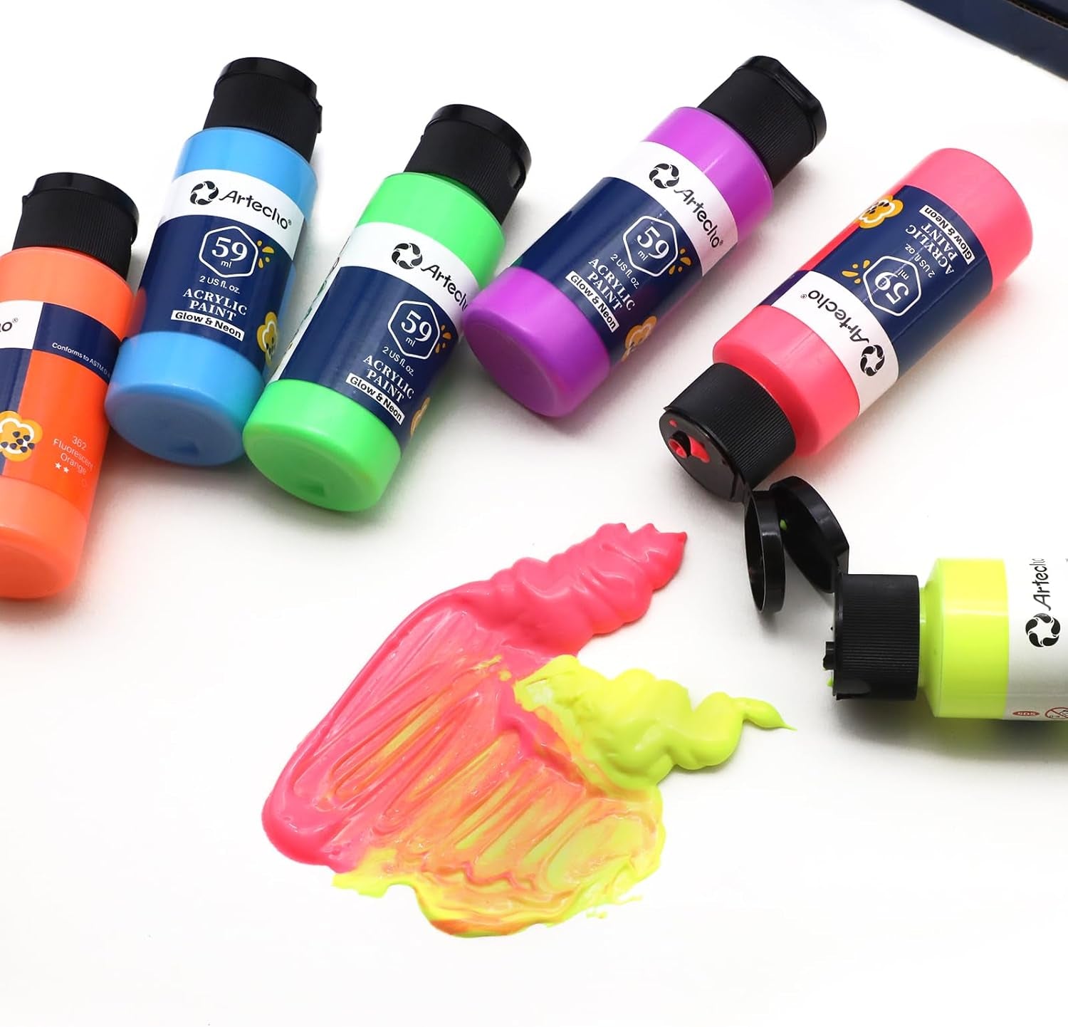 Acrylic Paint Set for Art Painting, Decorate, 6 Neon and Glow in the Dark Colors 2-In-1 2 Ounce/59Ml Acrylic Paint Supplies for Wood, Fabric, Crafts, Canvas, Leather&Stone