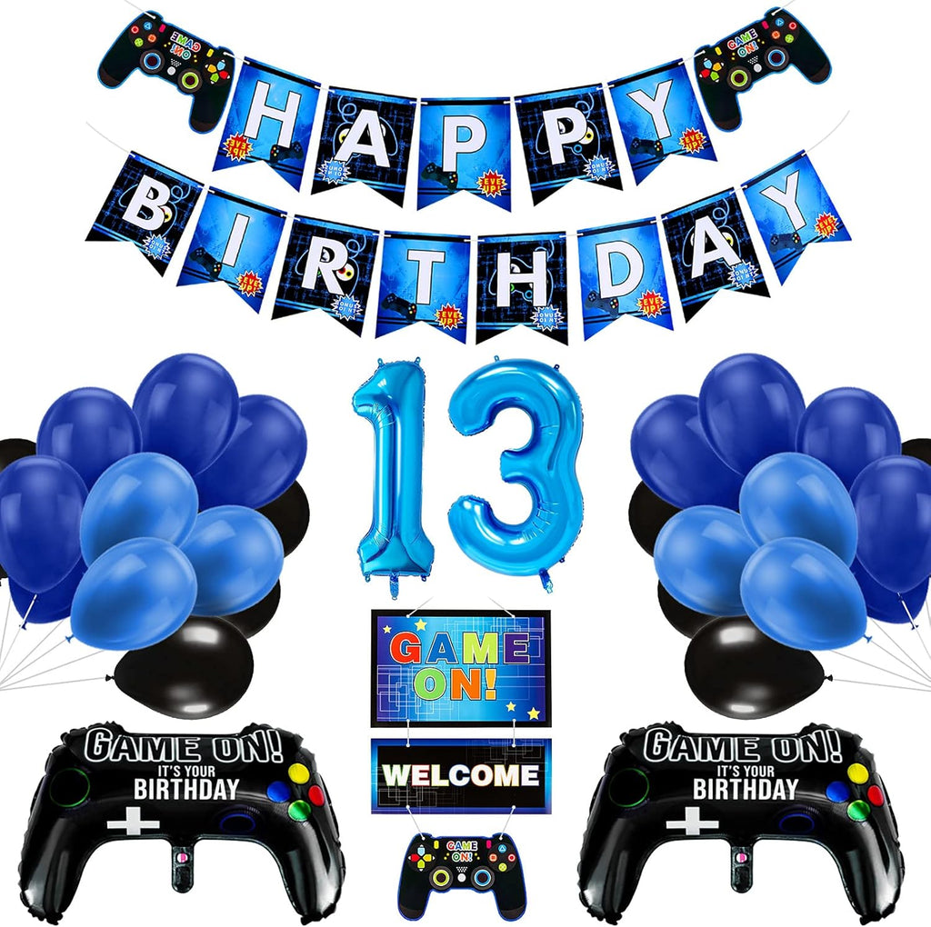 13Th Birthday Decorations for Boys, Gaming Party Decorations Supplies Set, Controller Balloons and Blue Black Balloons, HAPPY BIRTHDAY GAME on WELCOME Hanging Banner for Boys