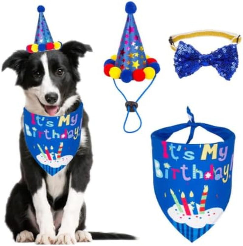 Dog Birthday Bandana Set, with Cute Doggie Birthday Party Hat and Bow Tie, for Cat and Dog Decoration(Darkblue)