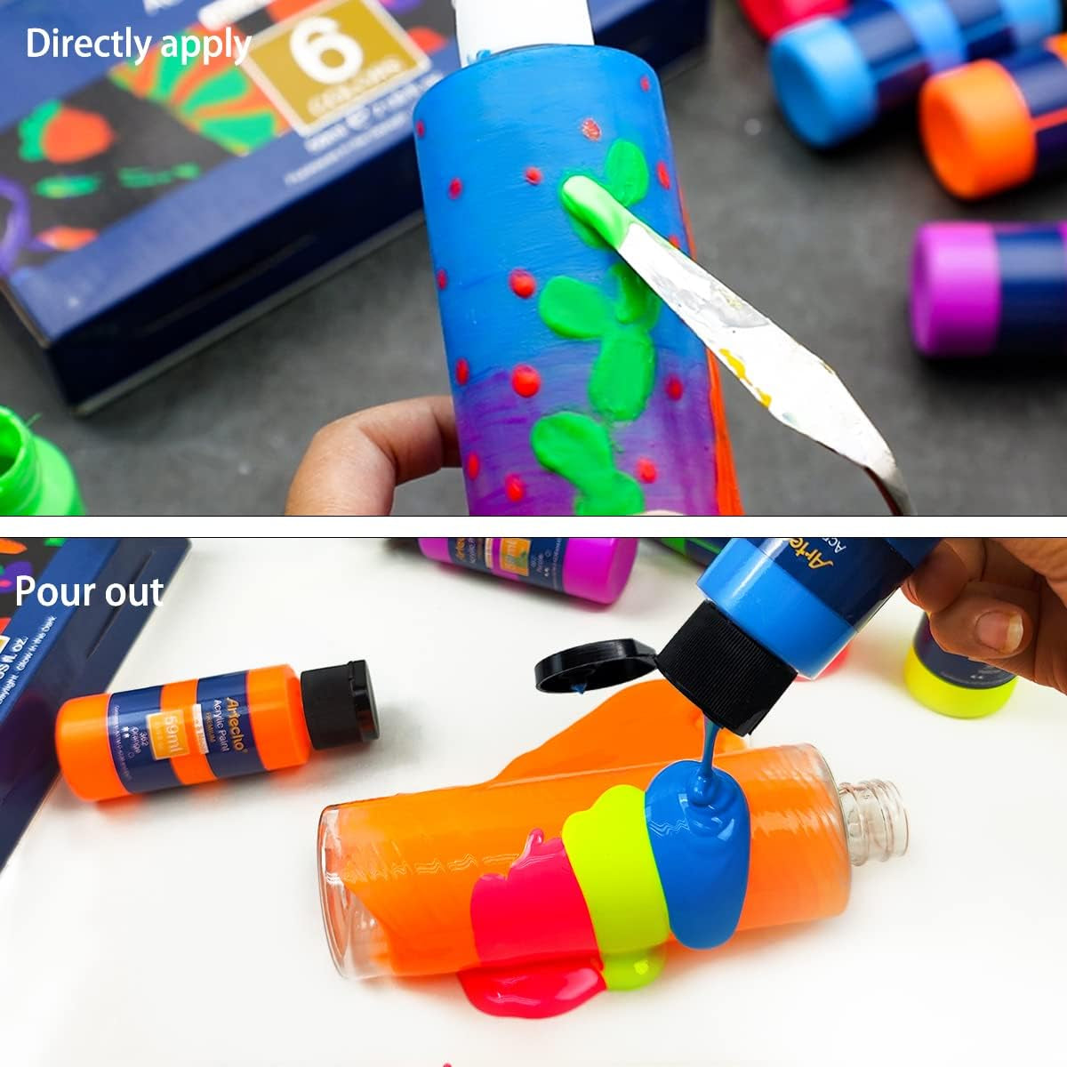 Acrylic Paint Set for Art Painting, Decorate, 6 Neon and Glow in the Dark Colors 2-In-1 2 Ounce/59Ml Acrylic Paint Supplies for Wood, Fabric, Crafts, Canvas, Leather&Stone