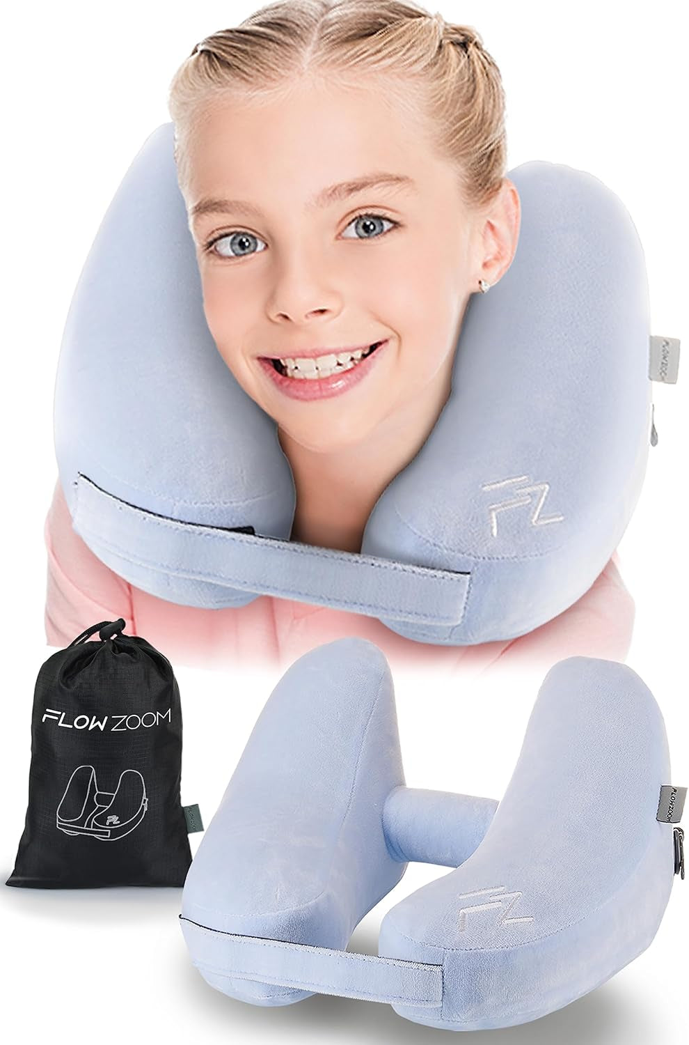 Air Inflatable Kids Travel Pillow for Airplane - H-Shape Car Pillow for Kids with 5 Sleeping Positions, Quick Inflation, Adjustable Pressure, Soft Plush Cover – Ages 3-12, Skyblue