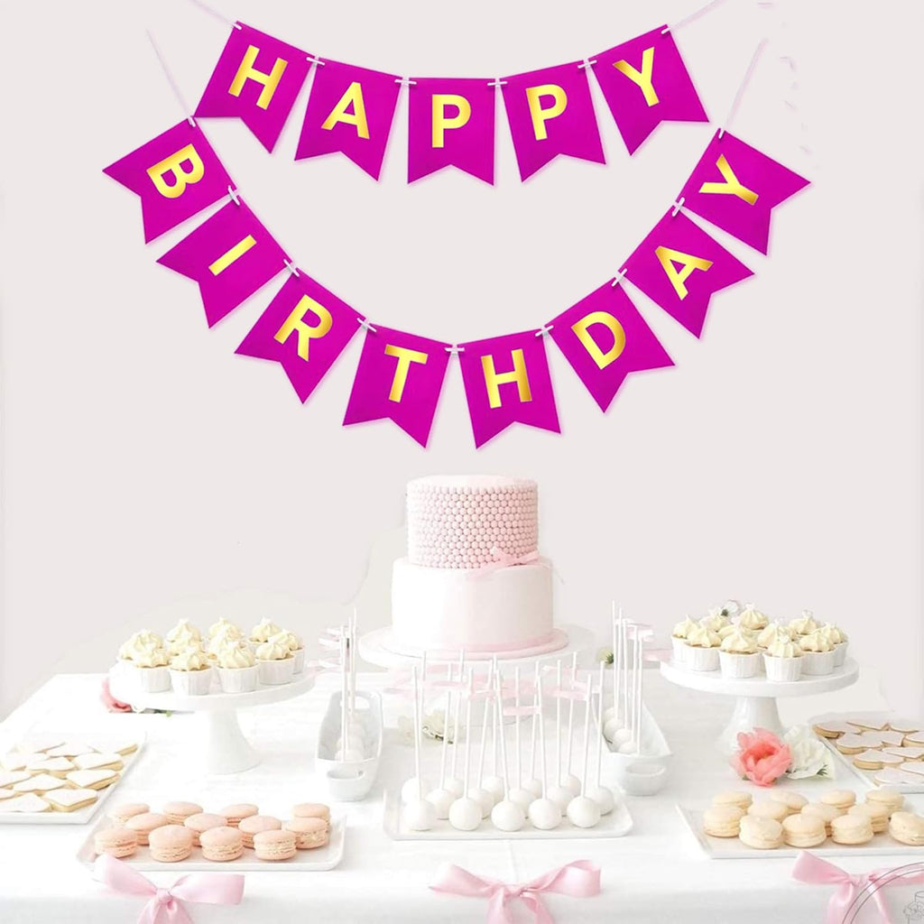 Pink Happy Birthday Bunting Banner Signs Golden Sparkle - Fun and Festive Party Supplies for Girls - Complete 13-Piece Birthday Decorations Set for Memorable Celebrations
