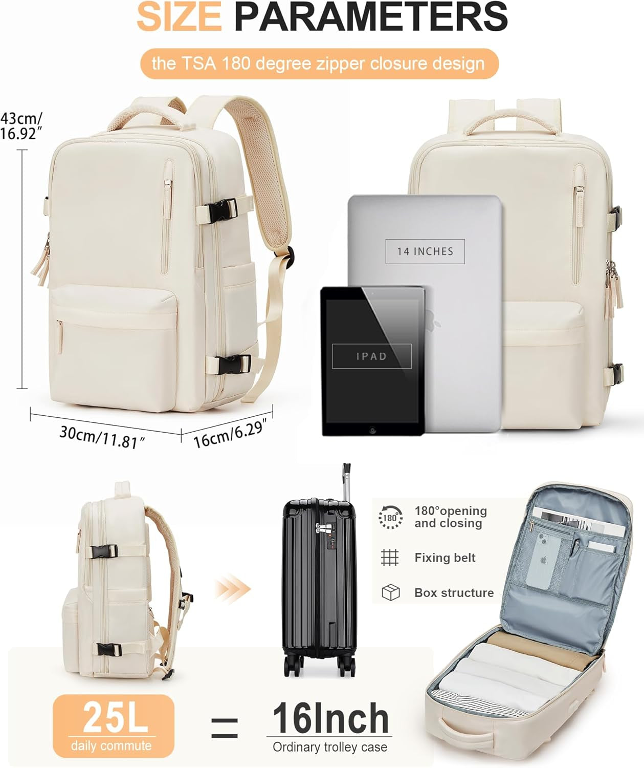 Carry on Travel Laptop Backpack for Women Men, Flight Approved,Backpack, Hiking Outdoor Sports Rucksack Casual Daypack Bag Backpack, Beige Simple