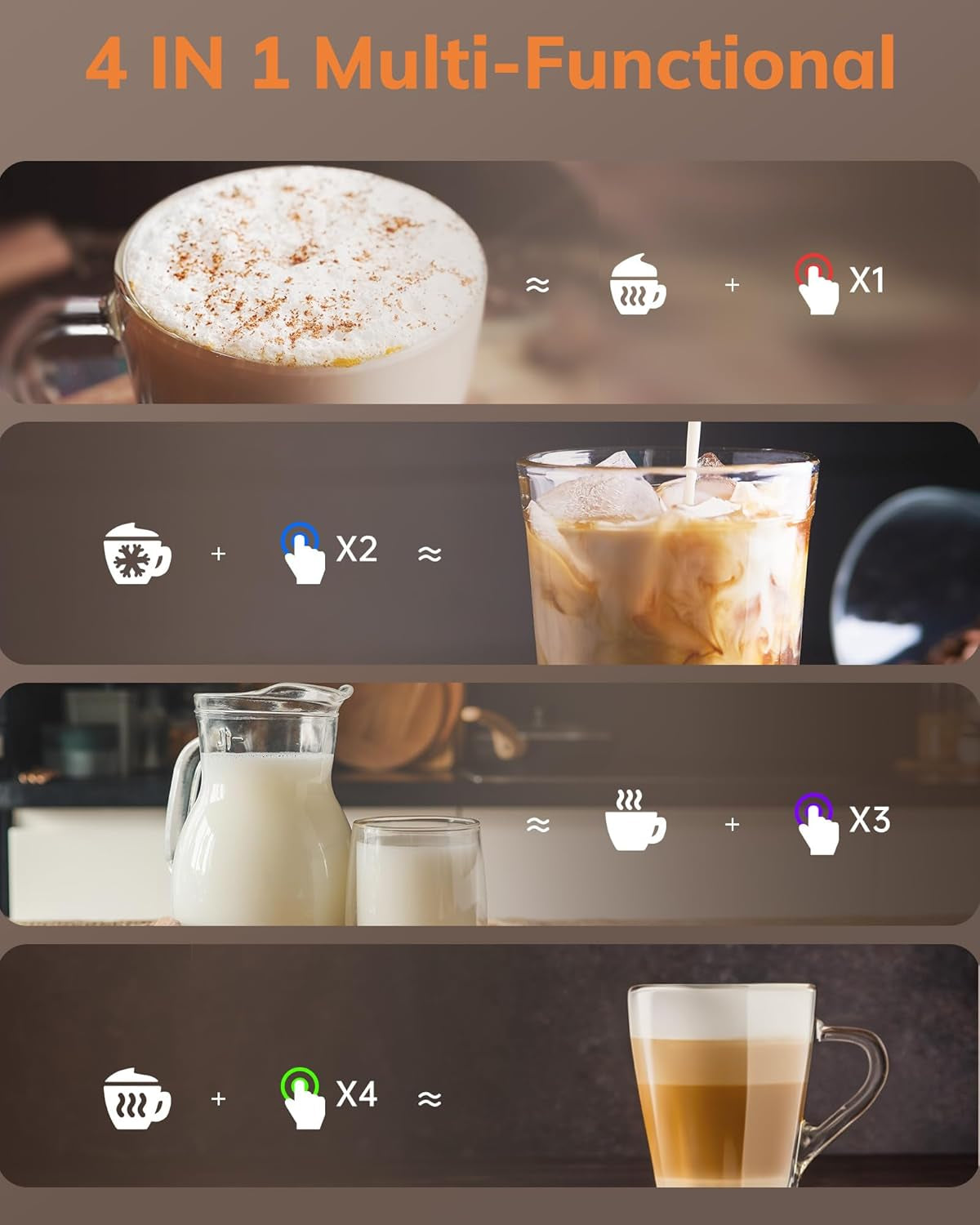 Milk Frother Electric 4 in 1 - Automatic Milk Frothers 600Ml Large Capacity Milk Heater and Warmer Glass Visible Milk Steamer for Coffee Hot Chocolate Cappuccino Latte