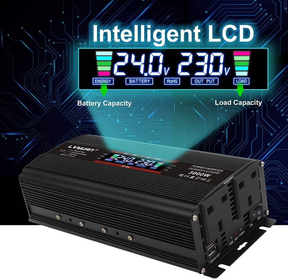 24V 1500W Modified Sine Wave Power Inverter, 24V to AC 230V 240V Voltage Converter with LCD +2UK Socket & Dual USB