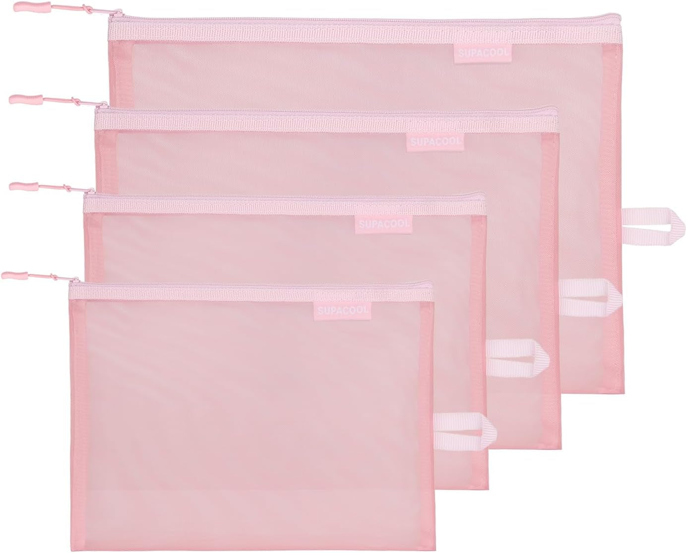 Set of 4 Mesh Makeup Bags Mesh Cosmetic Bag Travel Organizer Pouch with Zipper Diaper Toiletries Pouches for Women and Men(Pink)