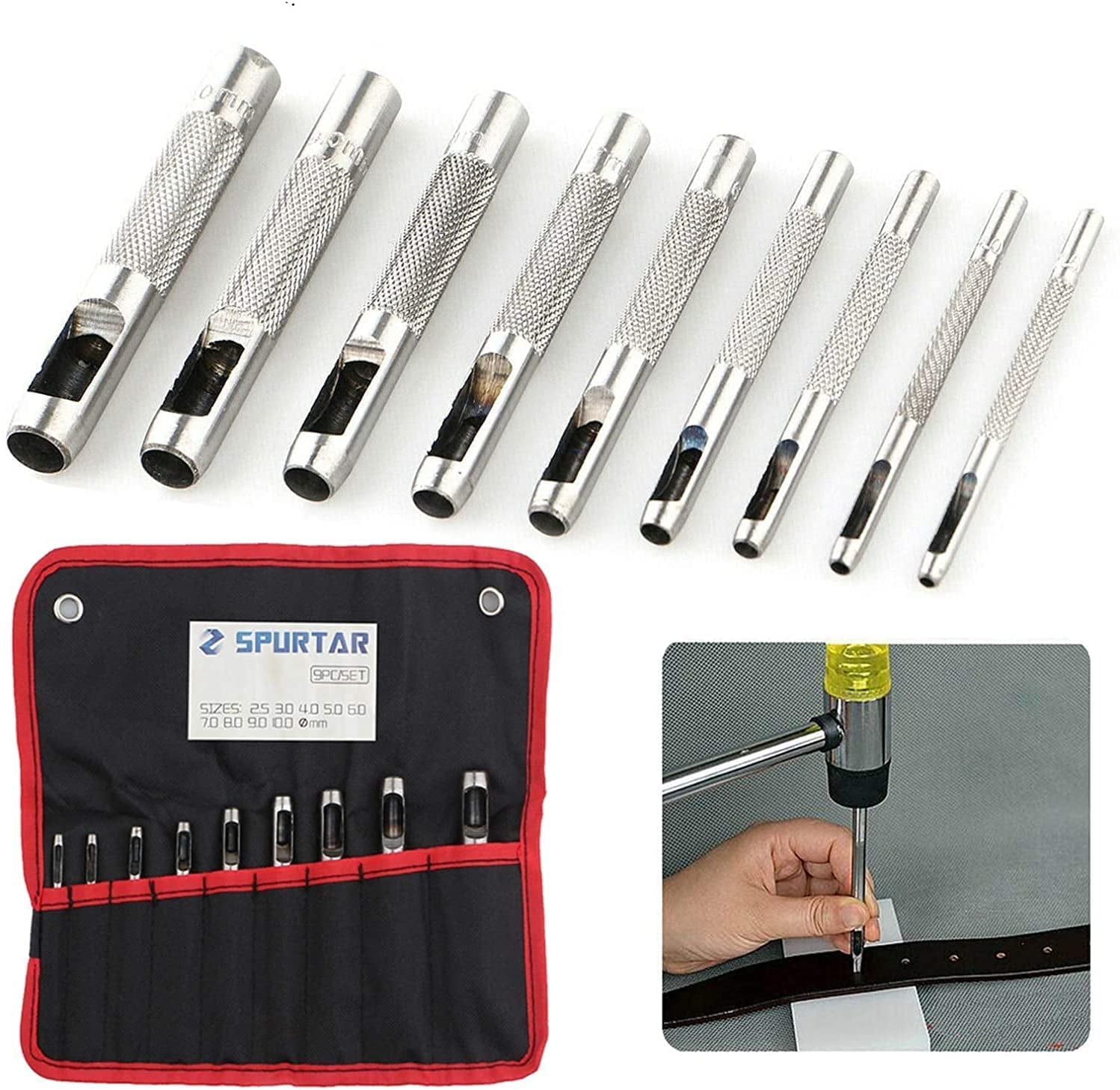 9 Pcs Steel Hollow Punch Set 2.5-10Mm Heavy Duty round Leather Hole Punching Tool for Watch Cloth Belt Gaskets W/Storage Bag