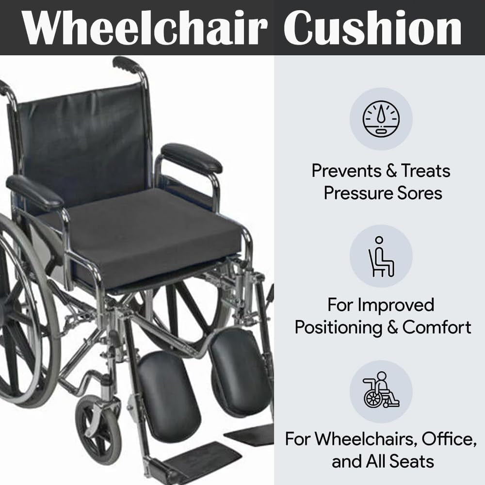 Foam Large Seat Cushion - Perfect for Office Chair, and Wheelchairs Non Slip Smooth Pain Relief - Moister Wicking Vinyl Wipeable Black Zip Cover (20" X 18" X 4")