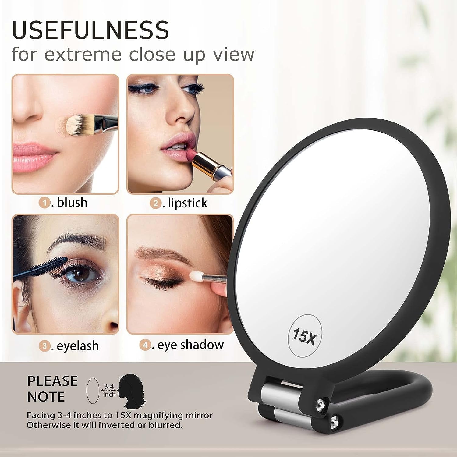 Magnifying Handheld Mirror Double Sided, 1X 15X Magnification Hand Mirrors, Travel Folding Hand Held Mirror, 360°Rotation Pedestal Makeup Vanity Mirror