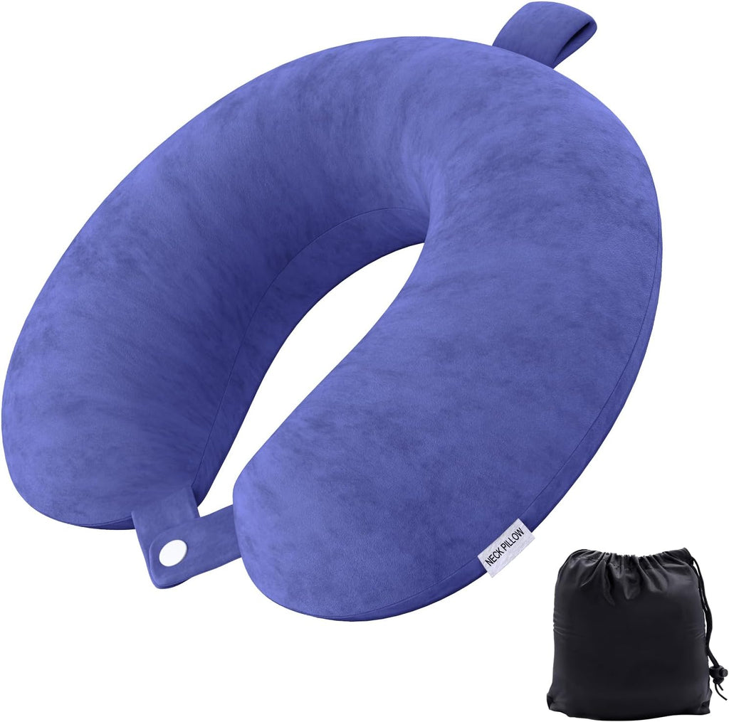 Travel Pillow Memory Foam Neck Pillow Lightweight Quick Pack for Airplane Train Car Travel Camping Neck Support Pillow (Blue)