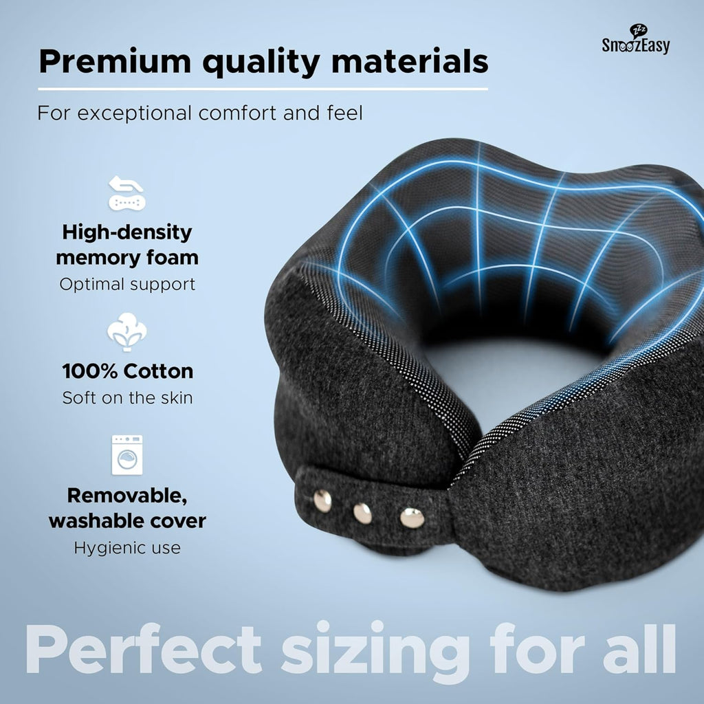 Travel Pillow for Adults | High-Density Memory Foam Neck Pillow for Airplane | Adjustable Flight Travel Cushion with Eye Mask, Ear Plugs, Carry Bag & Carabiner Clip | UK Brand