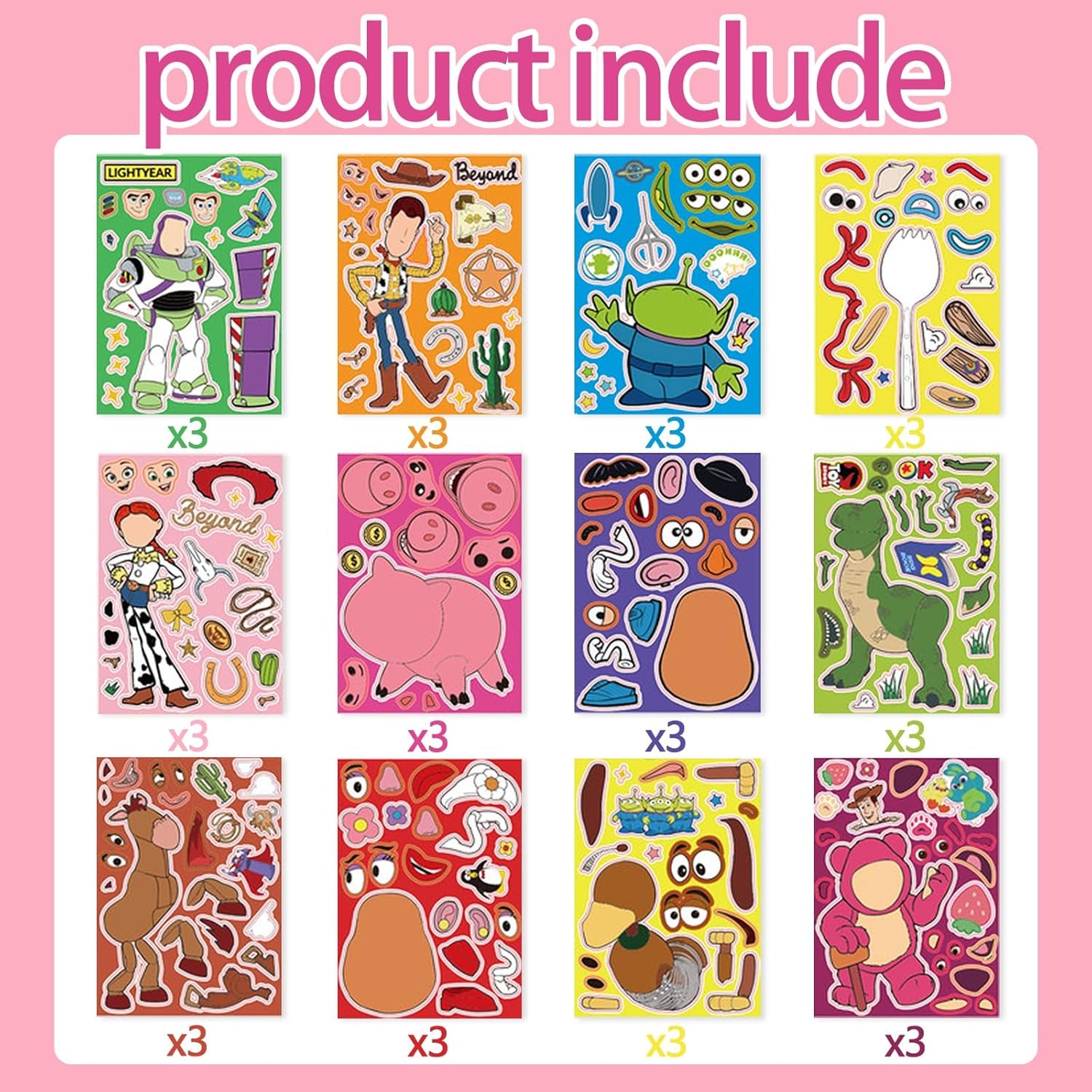 36PCS Party Favors,Make a Face Sticker Sheets,Make You Own Stickers DIY Cartoon Stickers for Toy Birthday Party Supplies, Green