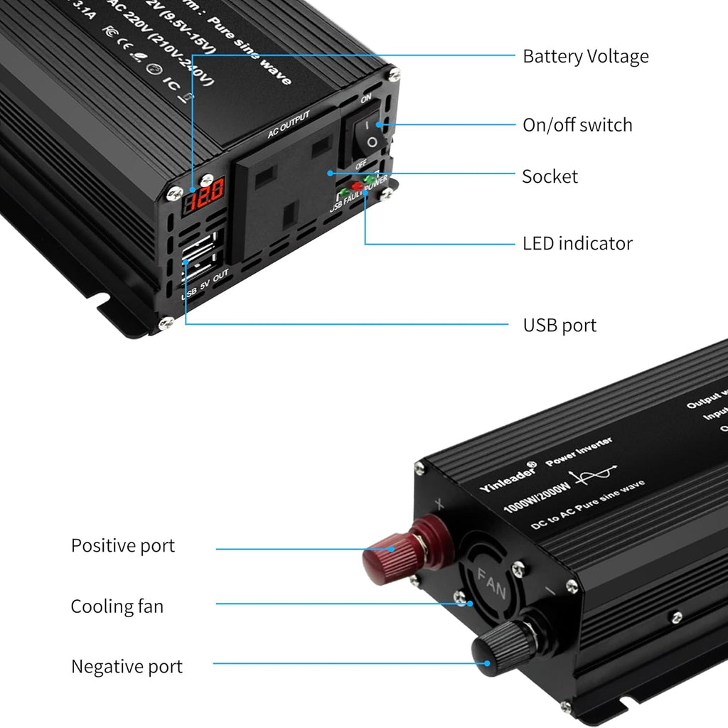 Pure Sine Wave 2000W Power Inverter DC 12V to 240V AC 1 UK Socket 2 USB Ports with LED Dispaly Cigarette Converter