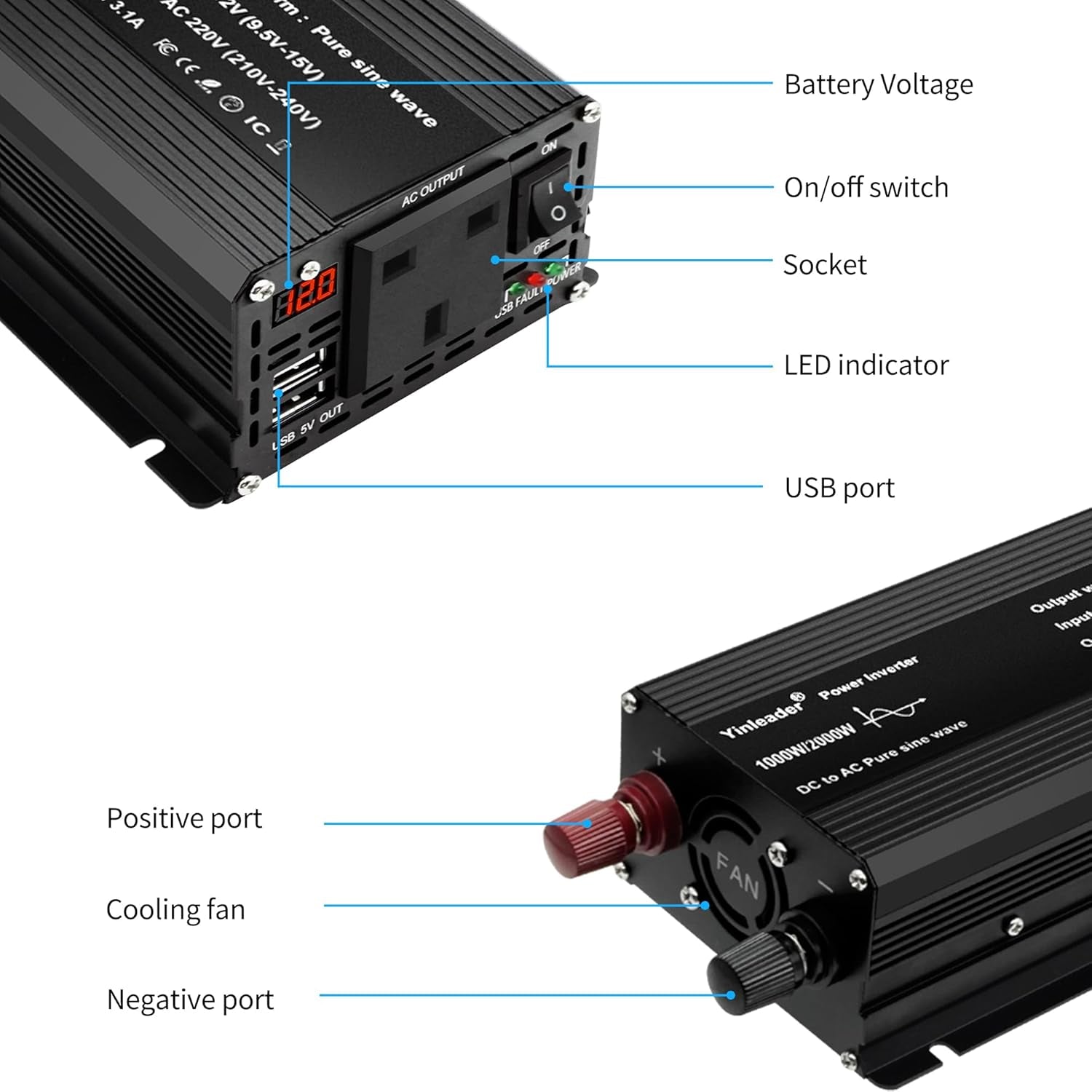Pure Sine Wave 2000W Power Inverter DC 12V to 240V AC 1 UK Socket 2 USB Ports with LED Dispaly Cigarette Converter