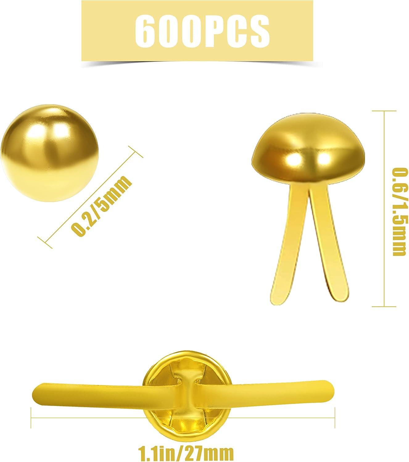 600Pcs 8 X15Mm Paper Fasteners Brads, Gold round Head Brads Split Pins for DIY Paper Crafts Scrapbooking (Gold)