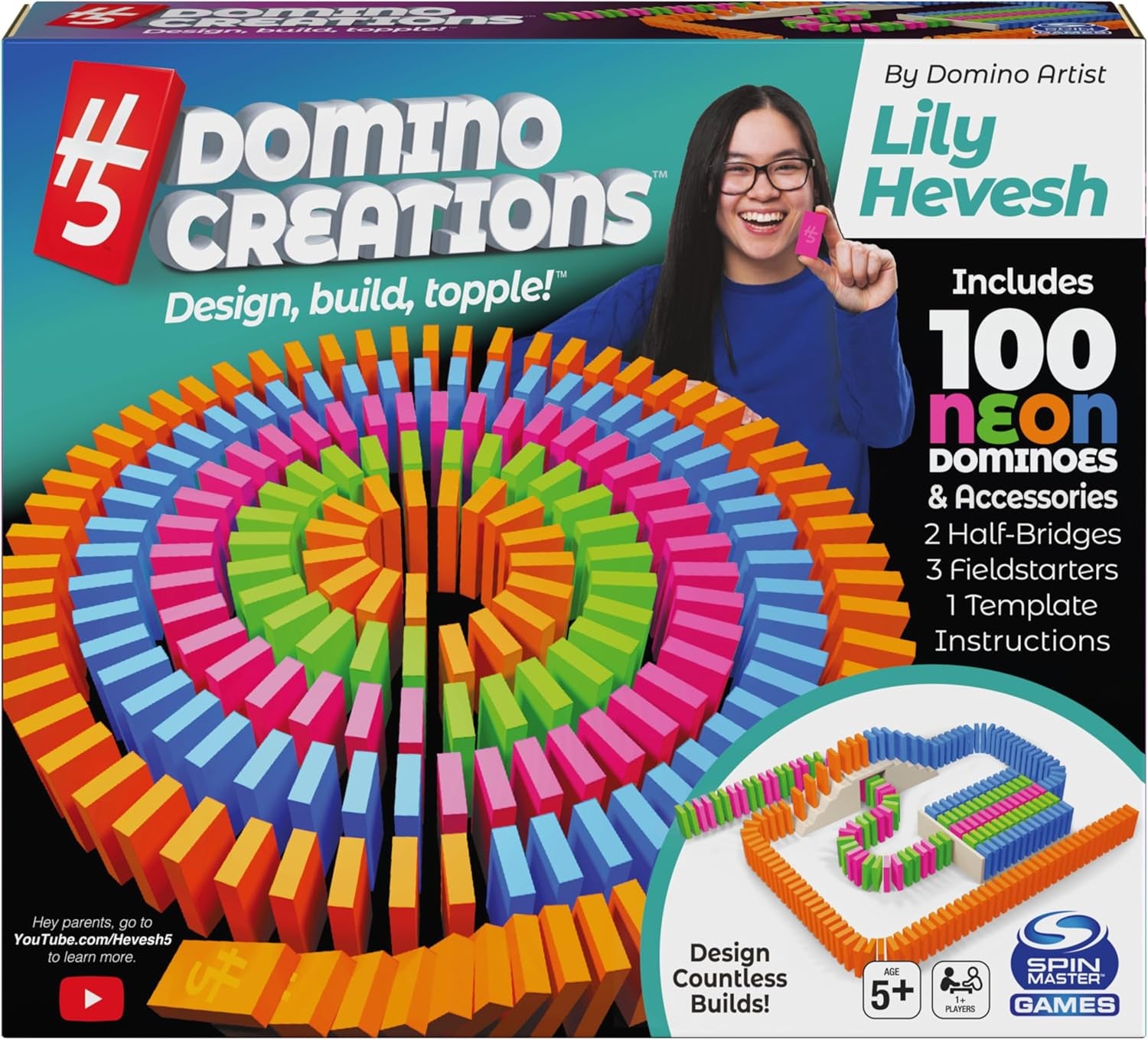, Lily Hevesh H5 Domino Creations 100-Piece Neon Dominoes Set, Building Toys for Kids & Family, Classic Activity Game, 1 & up Players, for Ages 5 & Up