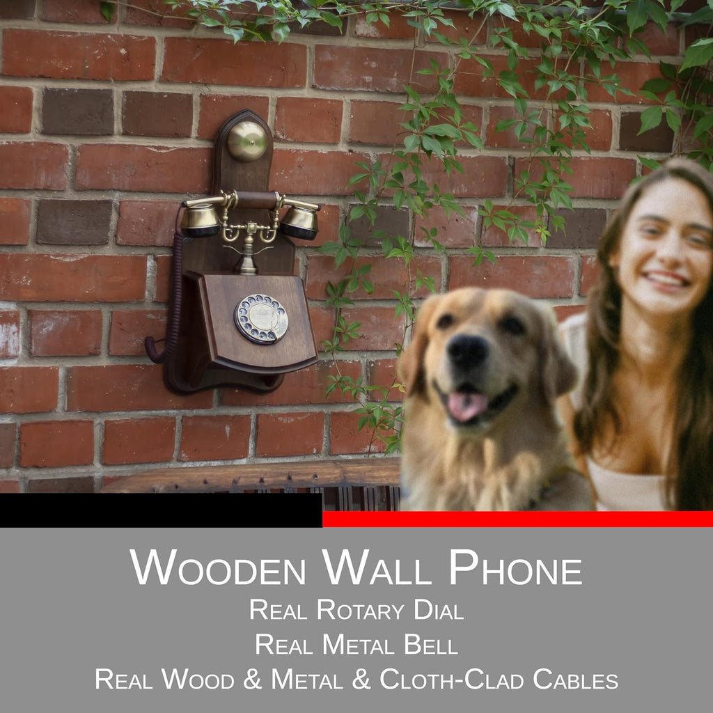 Opis 1921 Cable Model D: Wall Mounted Real Wood Desktop Retro Landline Rotary Phone in the Style of an Antique Vintage Dial House Telephone