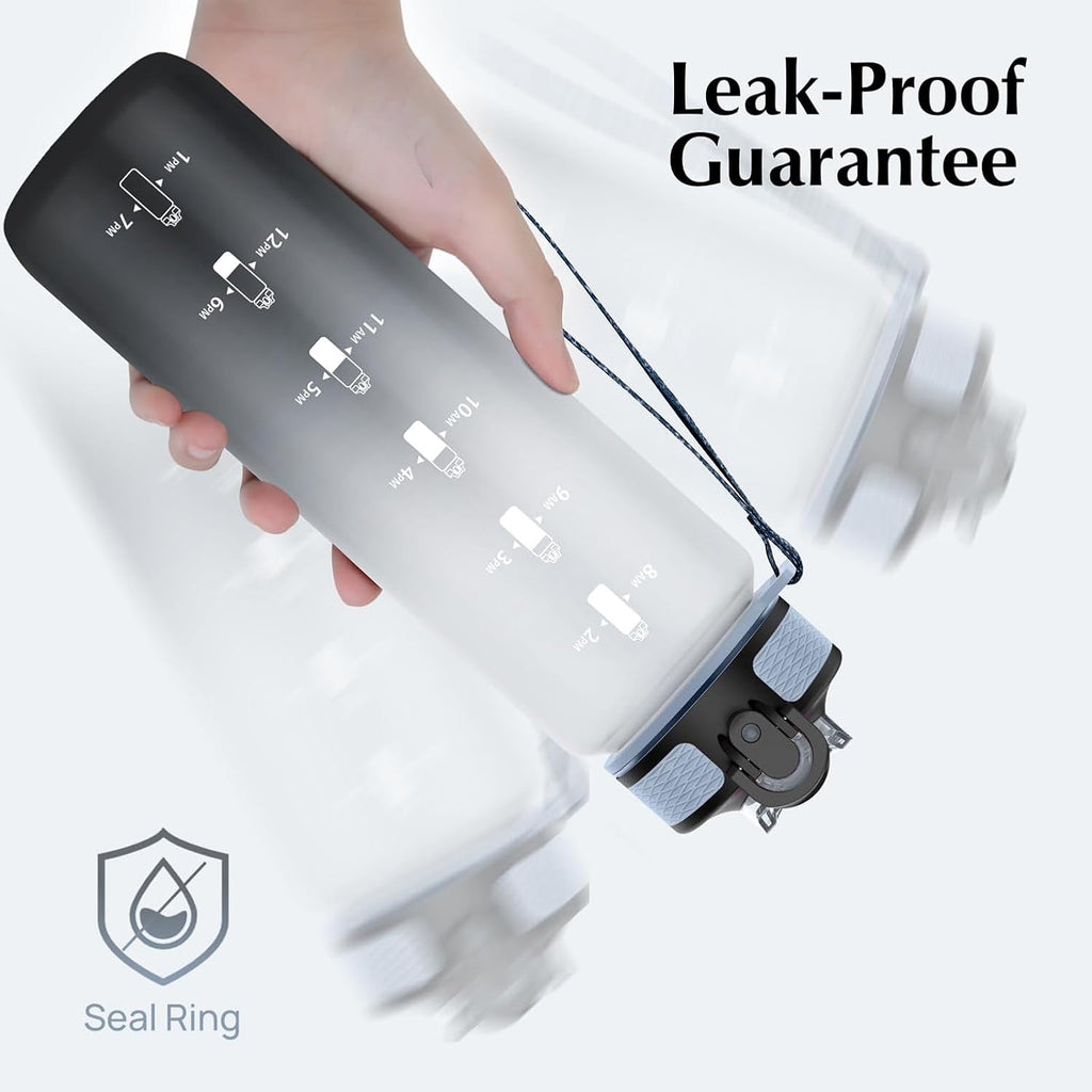 Water Bottle, 1L Sports Water Bottle with Straw, Time Markings, Leak Proof, Tritan BPA Free for School, Cycling, Running (1 Bottle)