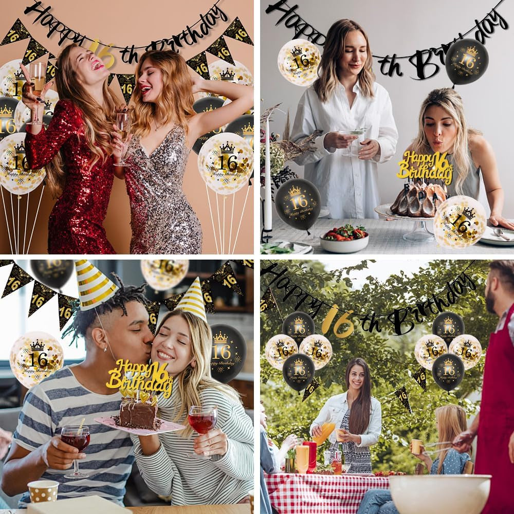 16Th Birthday Decoration, 16 Party Decoration Black Gold Balloons Birthday, 16Th Boy Girl Happy Birthday Banner Triangle 16 Balloon Decoration for Woman Birthday Party Cake Topper