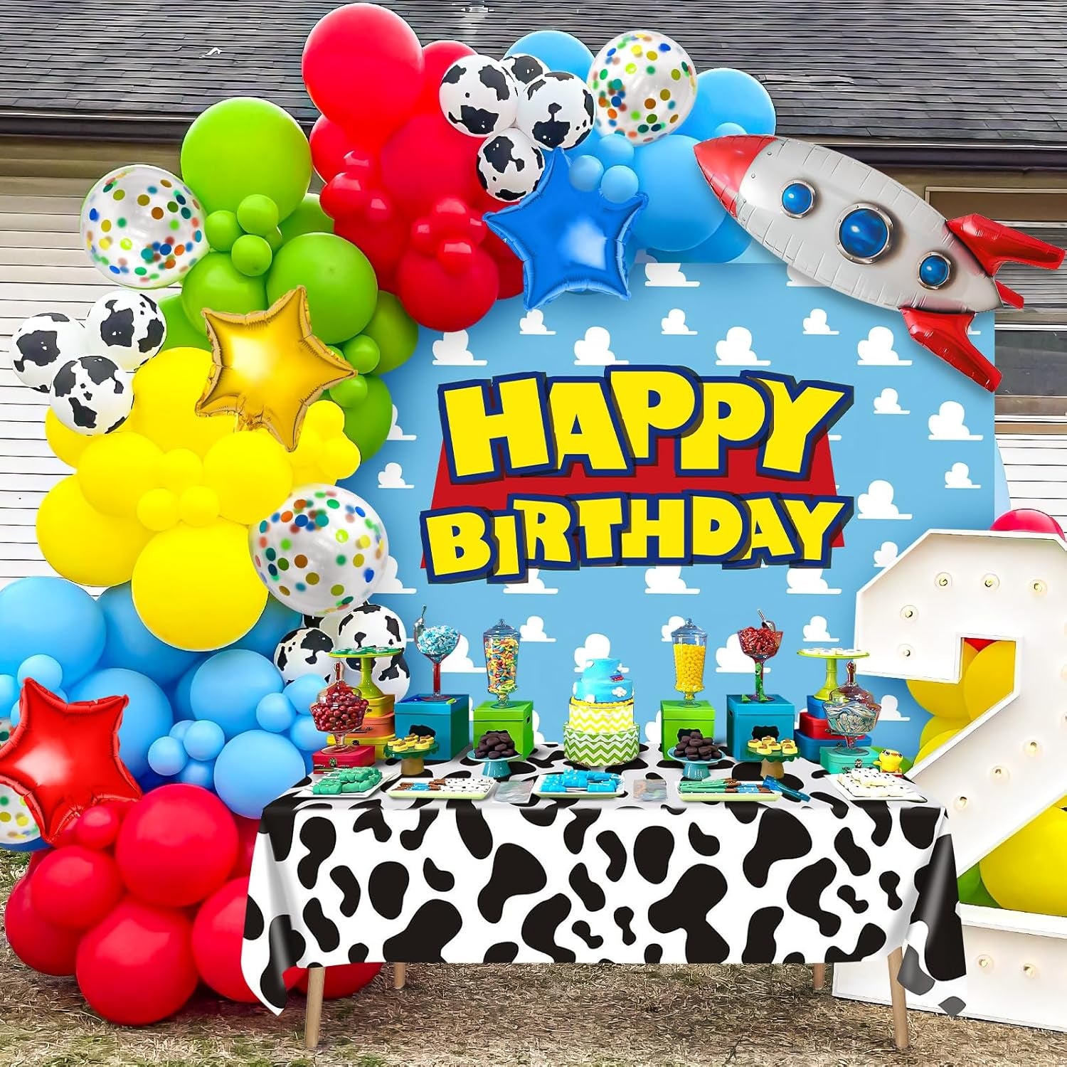 154Pcs Toy Inspired Story Birthday Party Decorations Supplies for Kids Teen, Balloon Arch with Backdrop Tablecloth Cow Print Balloons Star Rocket, Cartoon Game Girls Boys Birthday Party Decor