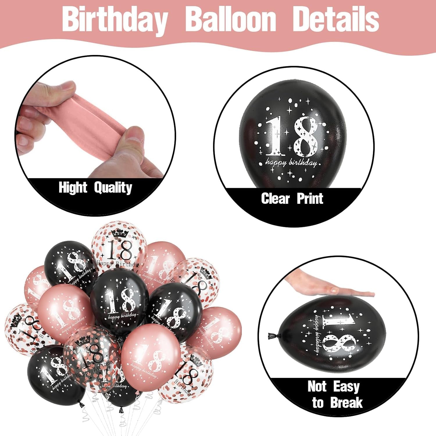 Rose Gold Black 18Th Birthday Decorations for Girls, 15Pcs Happy 18Th Birthday Helium Latex Balloons, Black Rose Gold Confetti 18Th Balloons for Girls Age 18 Years Old Birthday Party Decor Supplies