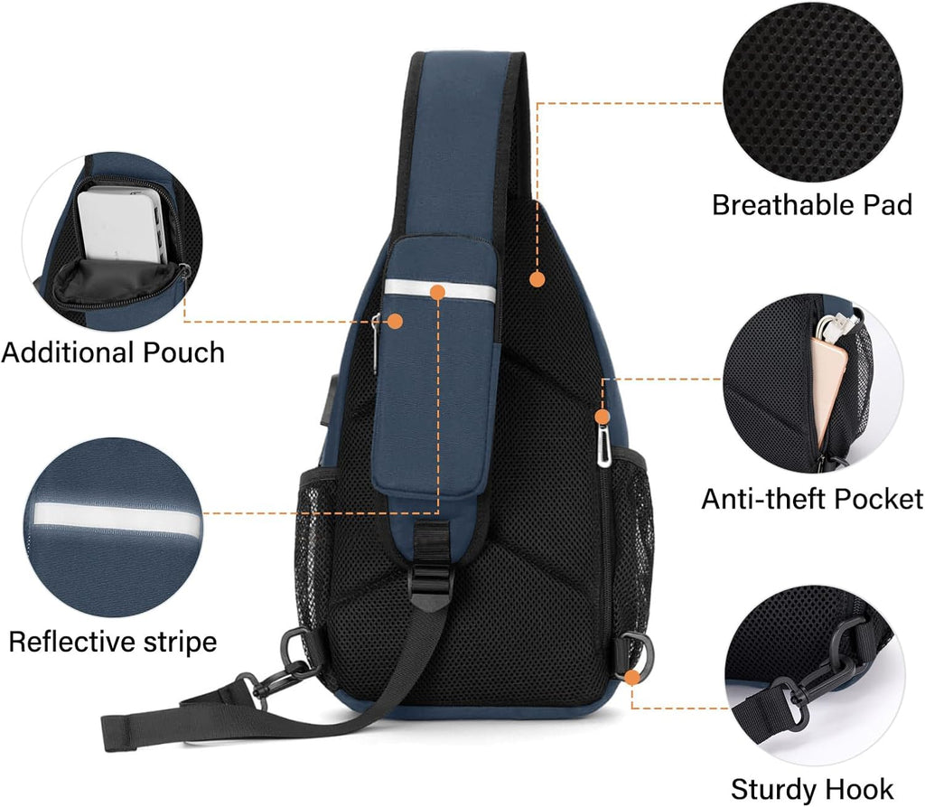Sling Backpack Bag, Crossbody Shoulder Bag Travel Hiking Daypack Chest Bag with Front Square Pocket&Usb Charging Port