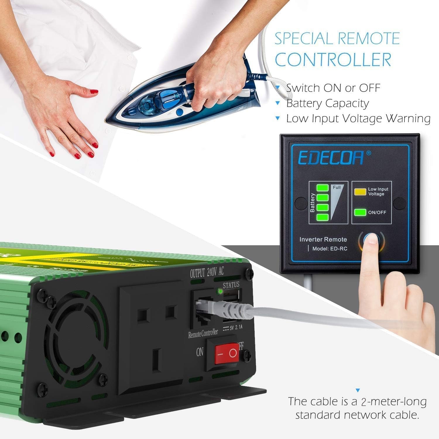 1500W Power Inverter DC 12V to 240V AC - Car Power Converter 3000W Peak with 2 USB Ports, UK Outlets, Remote Controller and Cooling Fan