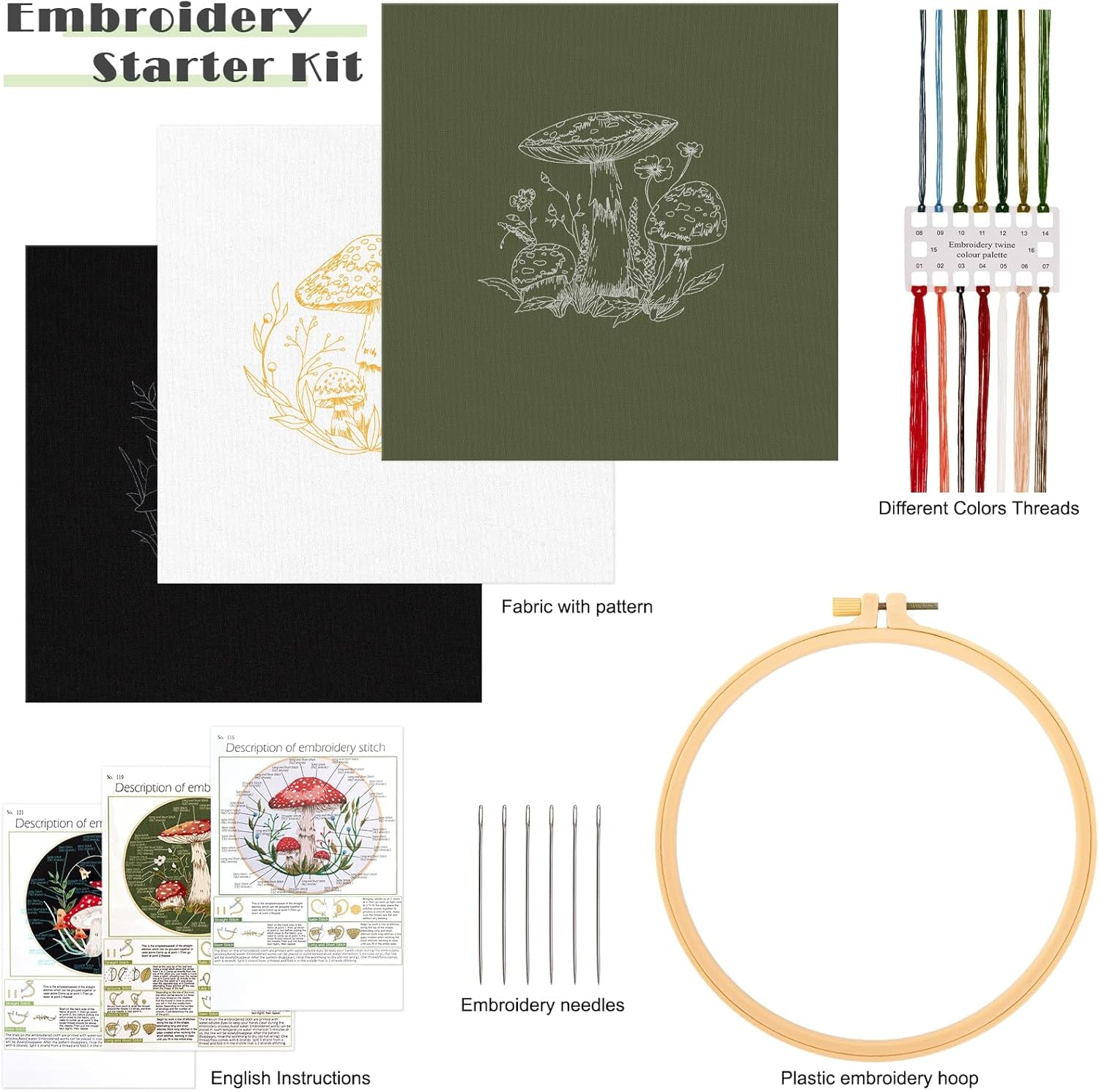 3 Sets Embroidery Starter Kit for Beginners Adults,Mushroom Stamped Embroidery Set,Diy Handmade Sewing Craft Needlepoint Kit with Embroidery Hoops and Needles Threads