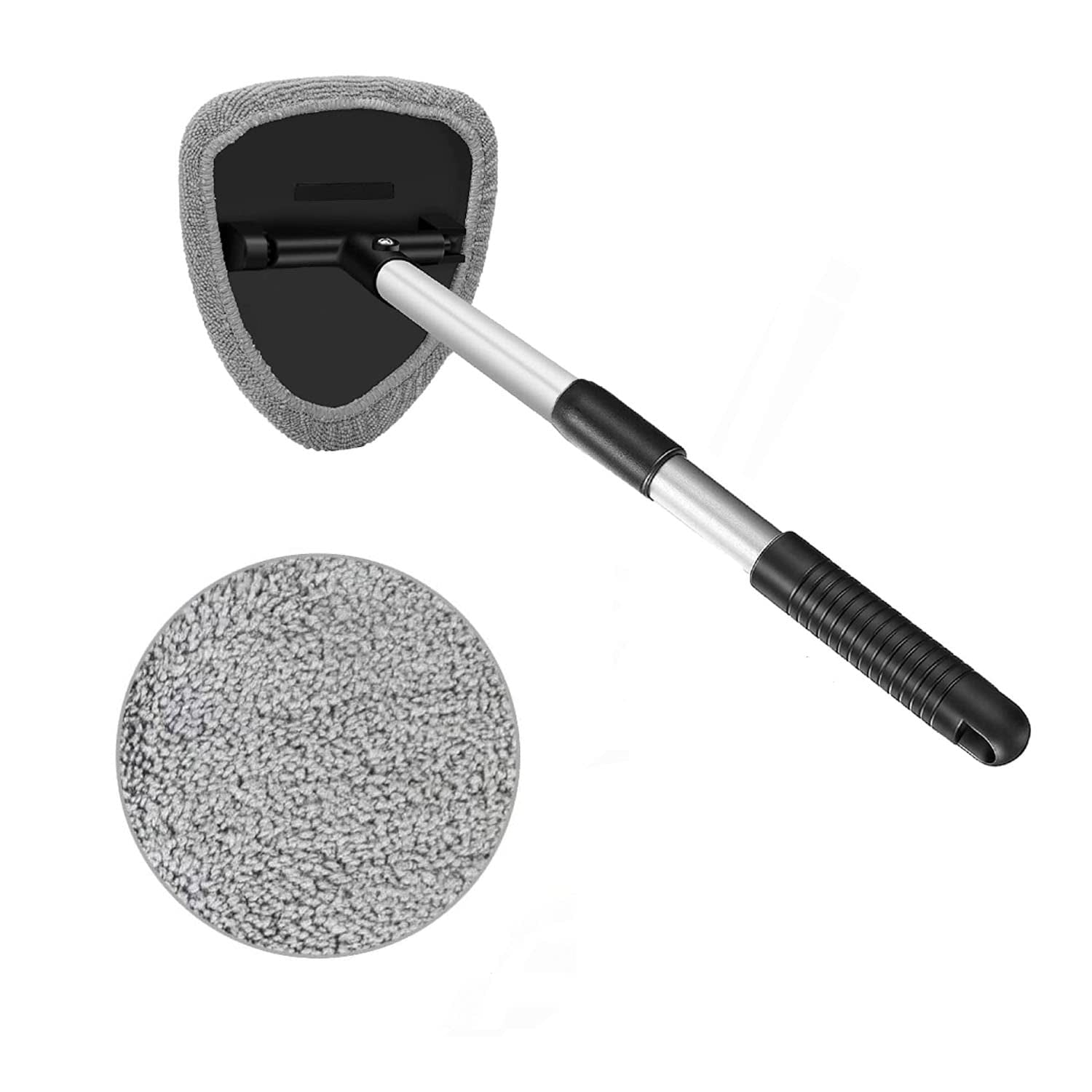 Car Windscreen Cleaner Tool, Glass Screen Cleaner Kit, Window inside Cleaning Brush with 4 Reusable and Washable Microfiber Pads, with Extendable Handle, Gray