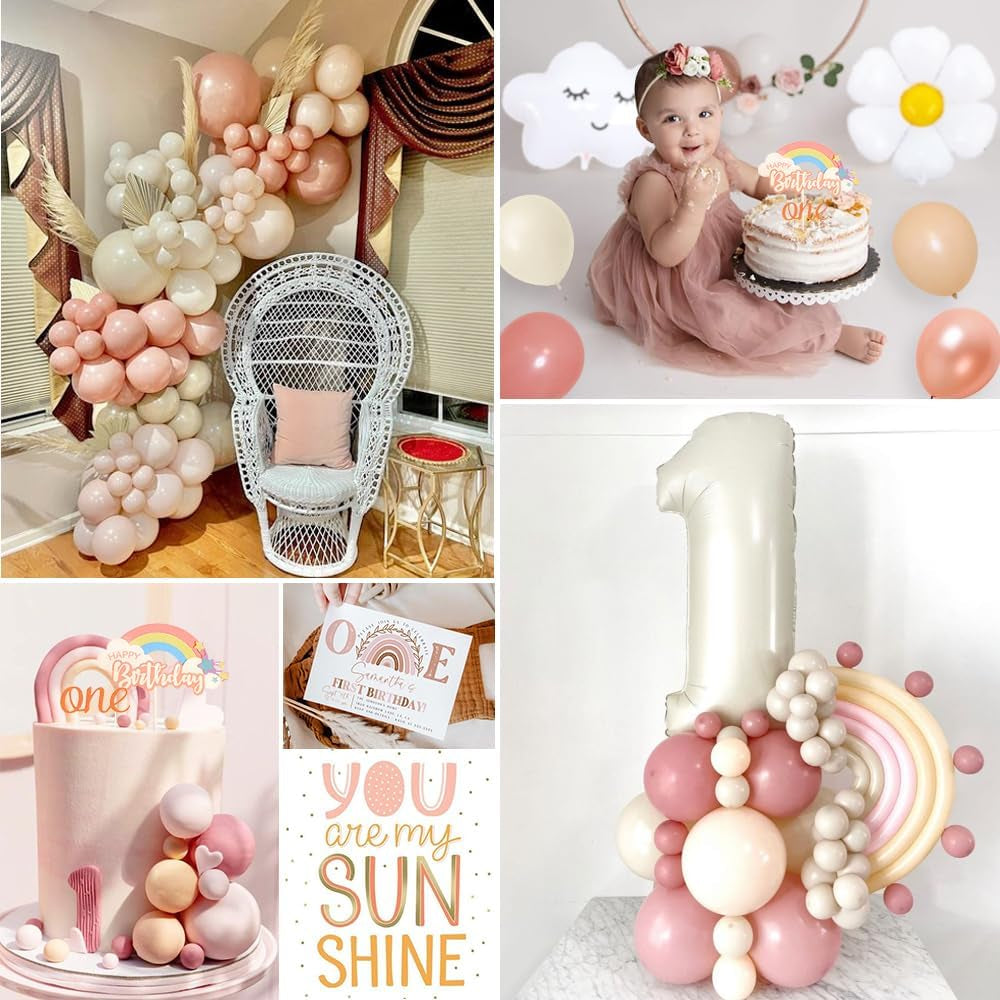 1St Birthday Decorations for Girls,First Birthday Decorations with Baby Month Photo Banner,Beige Number 1 Foil Balloon, First Birthday Cake Topper,Rainbow Happy Birthday Banner for Baby Shower