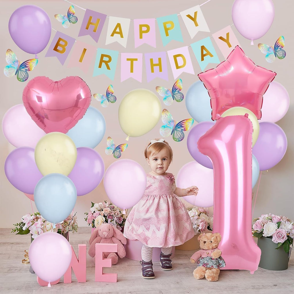 St Birthday Decoration for Girls, Pastel Macaron St Birthday Balloon, Pink Number  Balloon with Butterfly Stickers, Star Heart Foil Balloons Banner Set for Baby  Year Old Party Decor